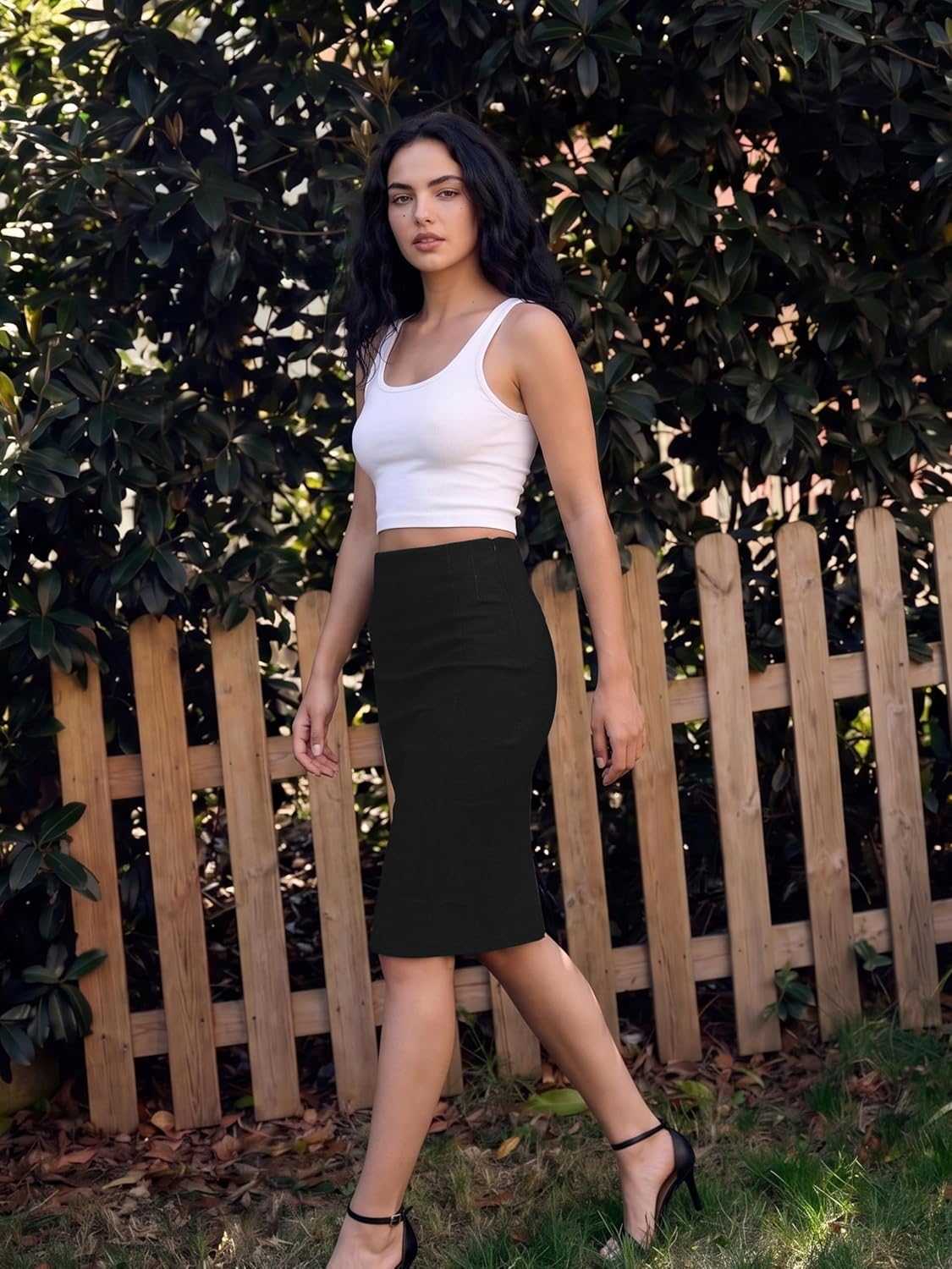 Urban CoCo Women's High Waist Stretch Pencil Skirt Knee Length Bodycon with Back Slit for Business Casual