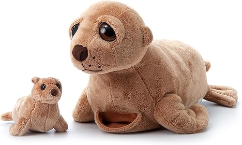 Miniatura 9 de The Petting Zoo Peluche de león marino para mamá y bebé, regalos para niños, animales del océano Pocketz, juguete de peluche de león marino de 14