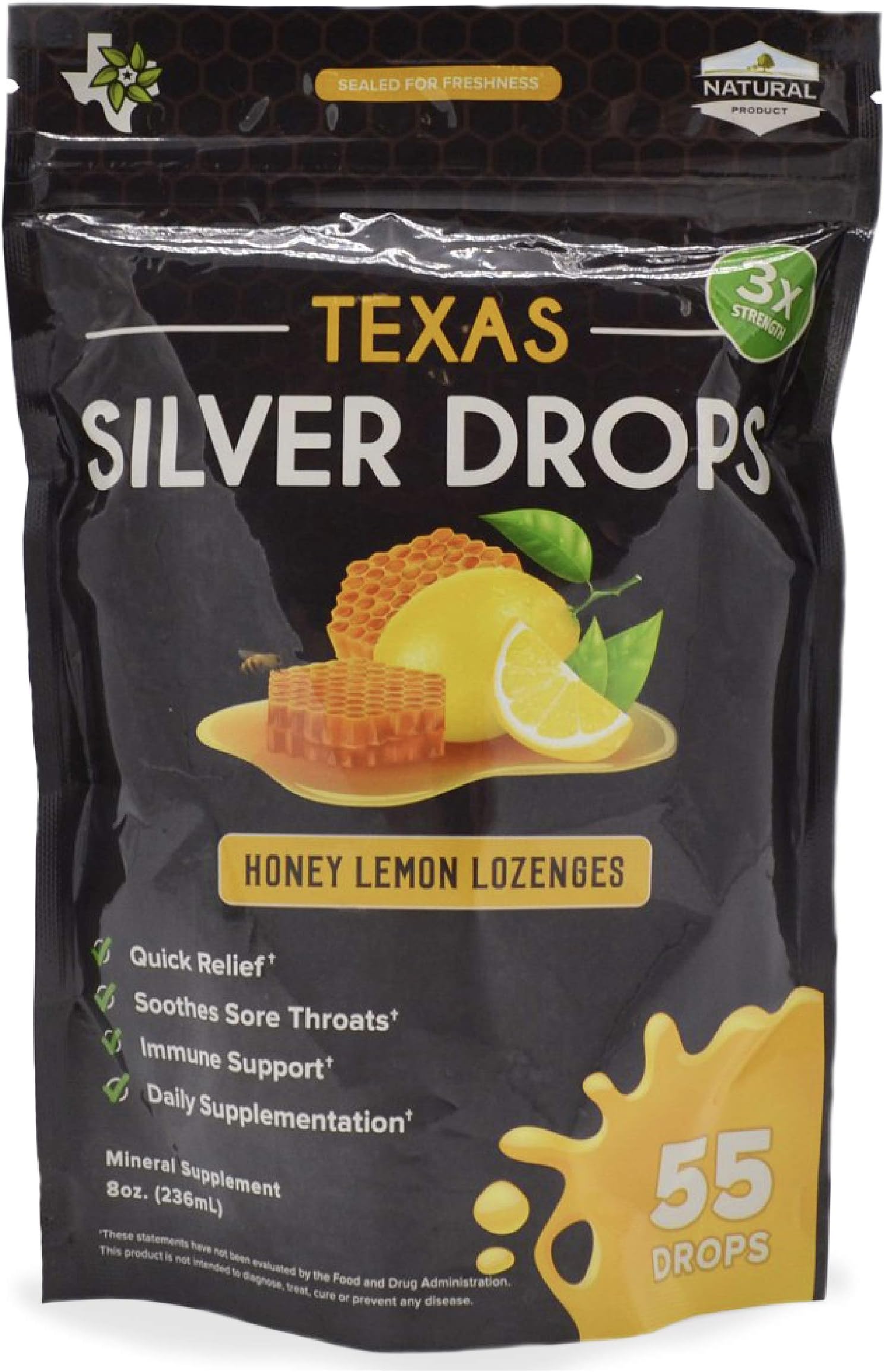 Texas SuperFood Silver Drops Soothing Throat Relief Mineral Supplement Immune Support Lozenges, Honey Lemon, 55 Drops