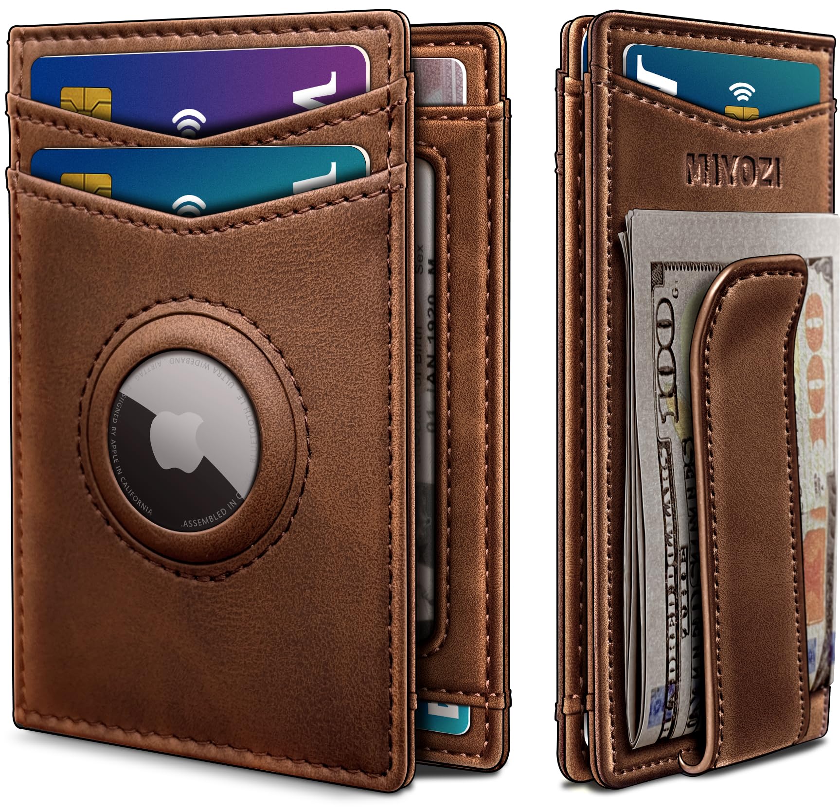 miyozi Airtag Wallet for Men- with Money Clip Gift Boxed, Magnetic Closure Slim Genuine Leather Front Pocket Wallet, 4.1"x 2.8", RFID Blocking