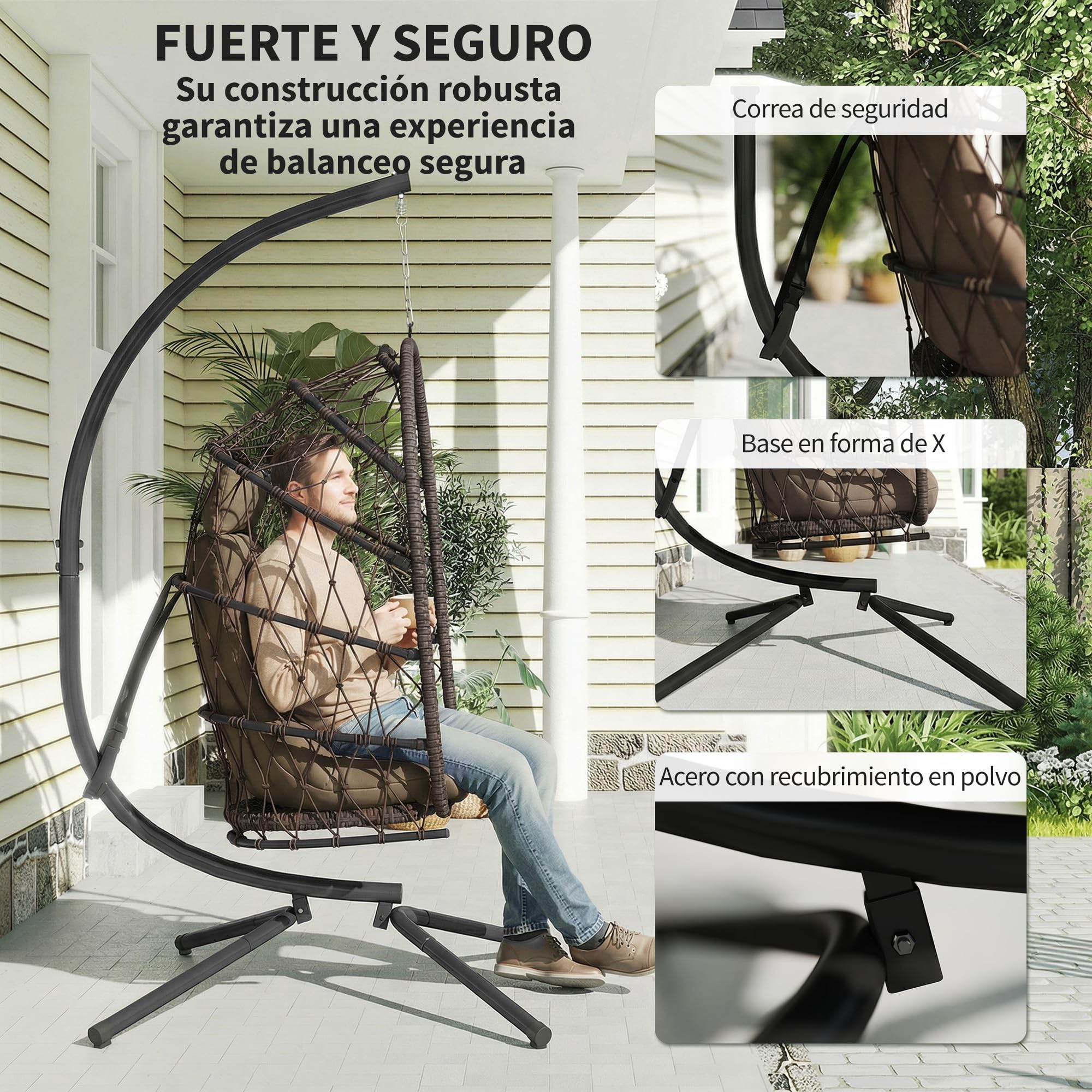 Outsunny Silla Colgante Huevo con Soporte, Columpio Jardín Exterior con Cesta Plegable de Ratán, Cojín Grueso, Reposacabezas, Altura Ajustable, Cuerda para Interior y Exterior, Marrón