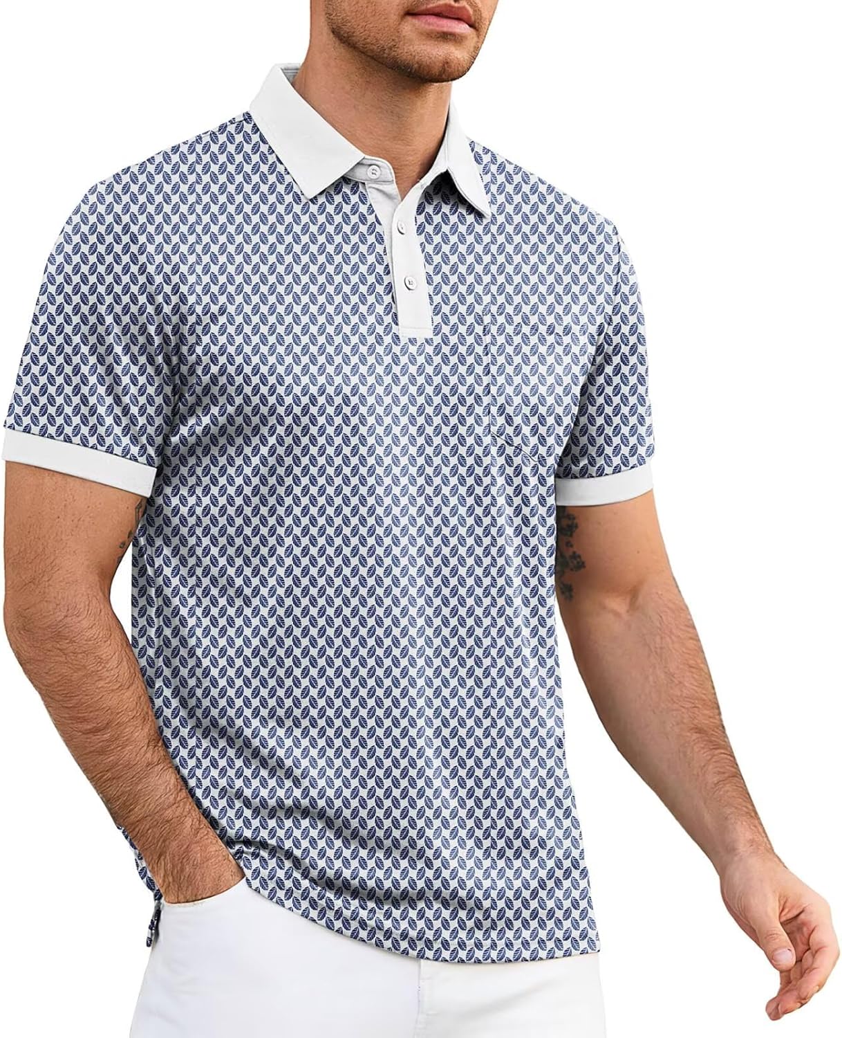 Mens Polo Shirt Short Sleeve Dry Fit Print Golf Shirts for Men Moisture Wicking Color Block Collared Shirts with Pocket