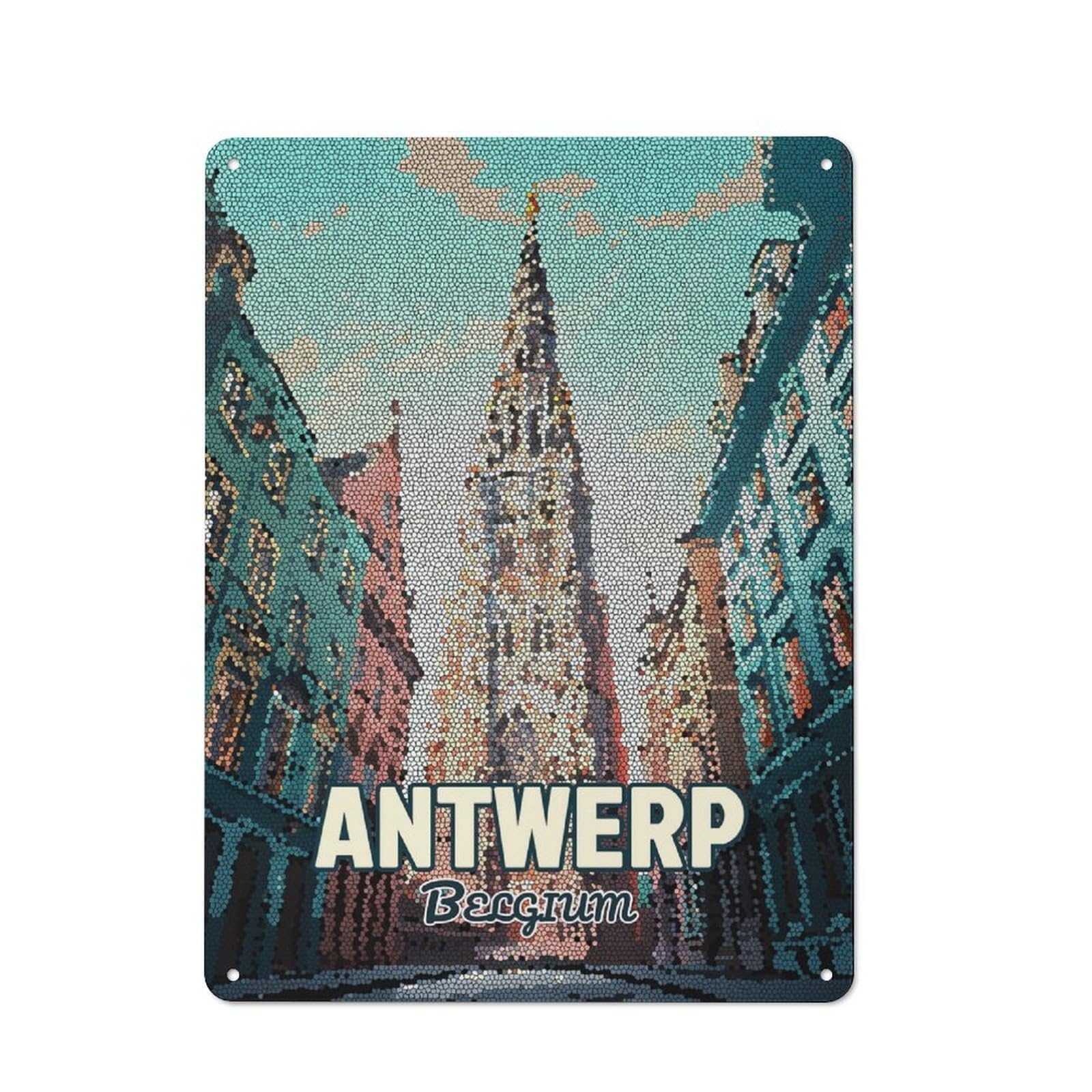 Junmoney Style-5 Antwerp Belgium Mosaic City Vintage Metal Plaque 40X30cm For Living Room Wall, Suited To Living Room Decor Lovers