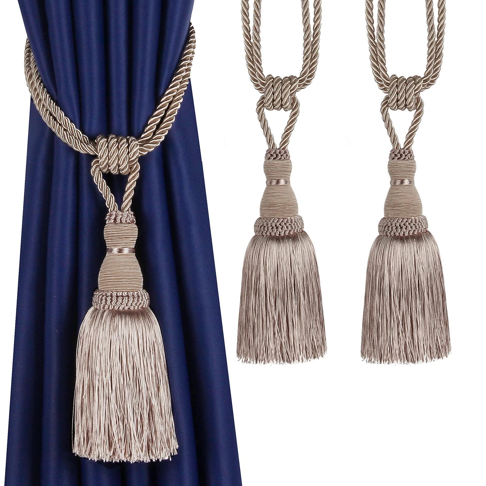 Tassel Curtain Tiebacks， Braided Rope Curtain Tiebacks With Tassels, Multicolor, 2/4 Pcs(Light Beige,2pcs)