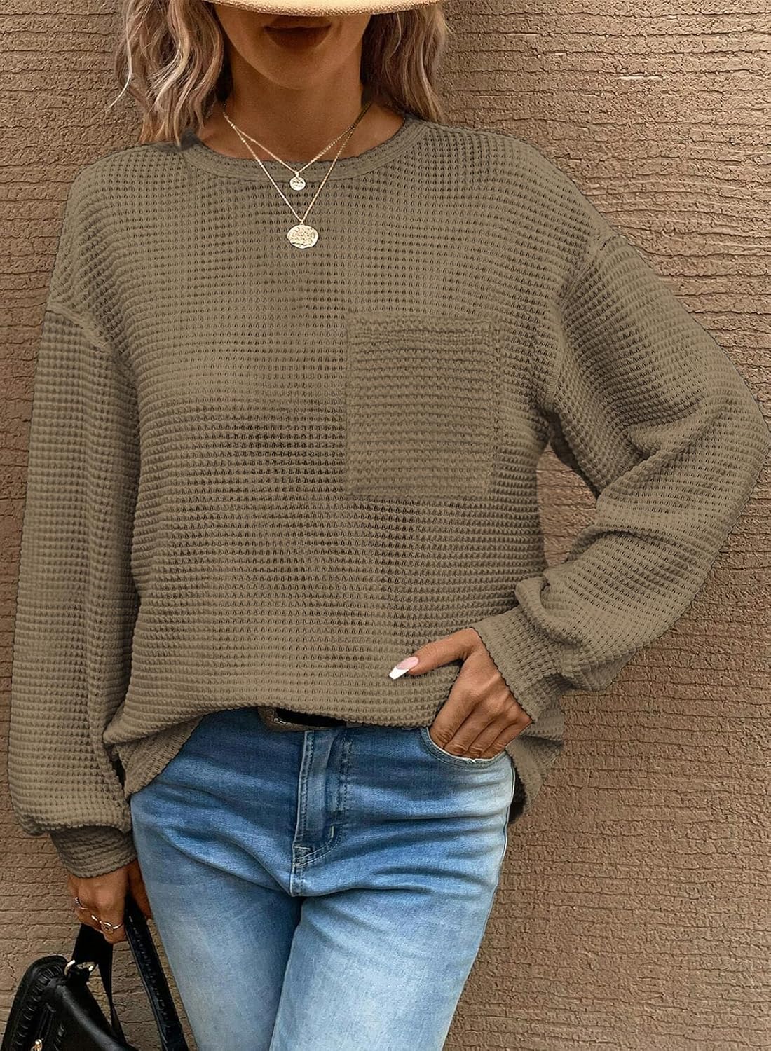 Dokotoo Womens Waffle Knit Tops 2026 Oversized Long Sleeve Crewneck Shirts Business Casual Blouses Basic Shirts - Image 2