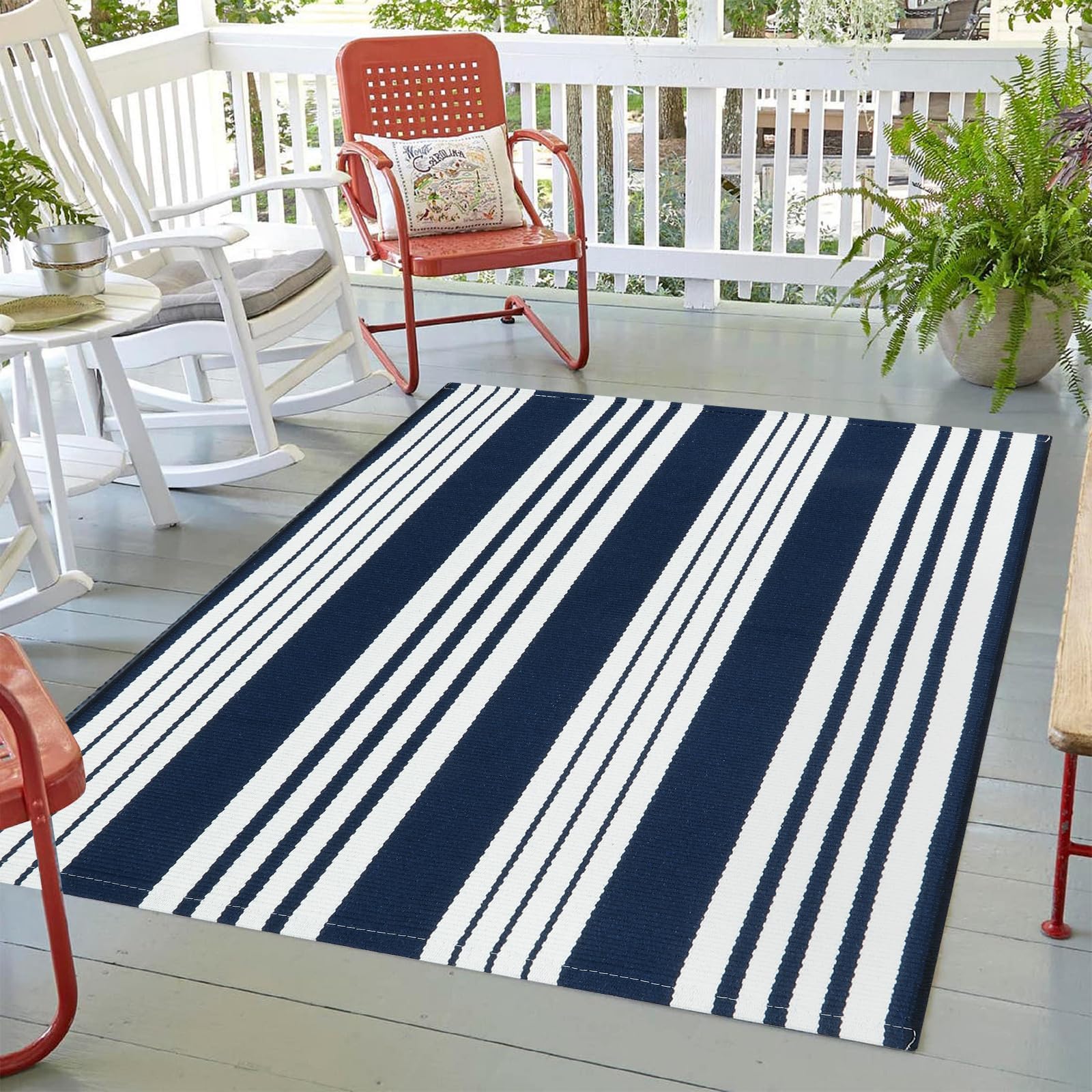 LEEVANBlue and White Outdoor Rug 3'x 5' , Cotton Washable Striped Front Porch Rug, Reversible Woven Indoor/Outdoor Patio Area Rug Farmhouse Floor Carpet Doormat for Bedroom/Courtyard
