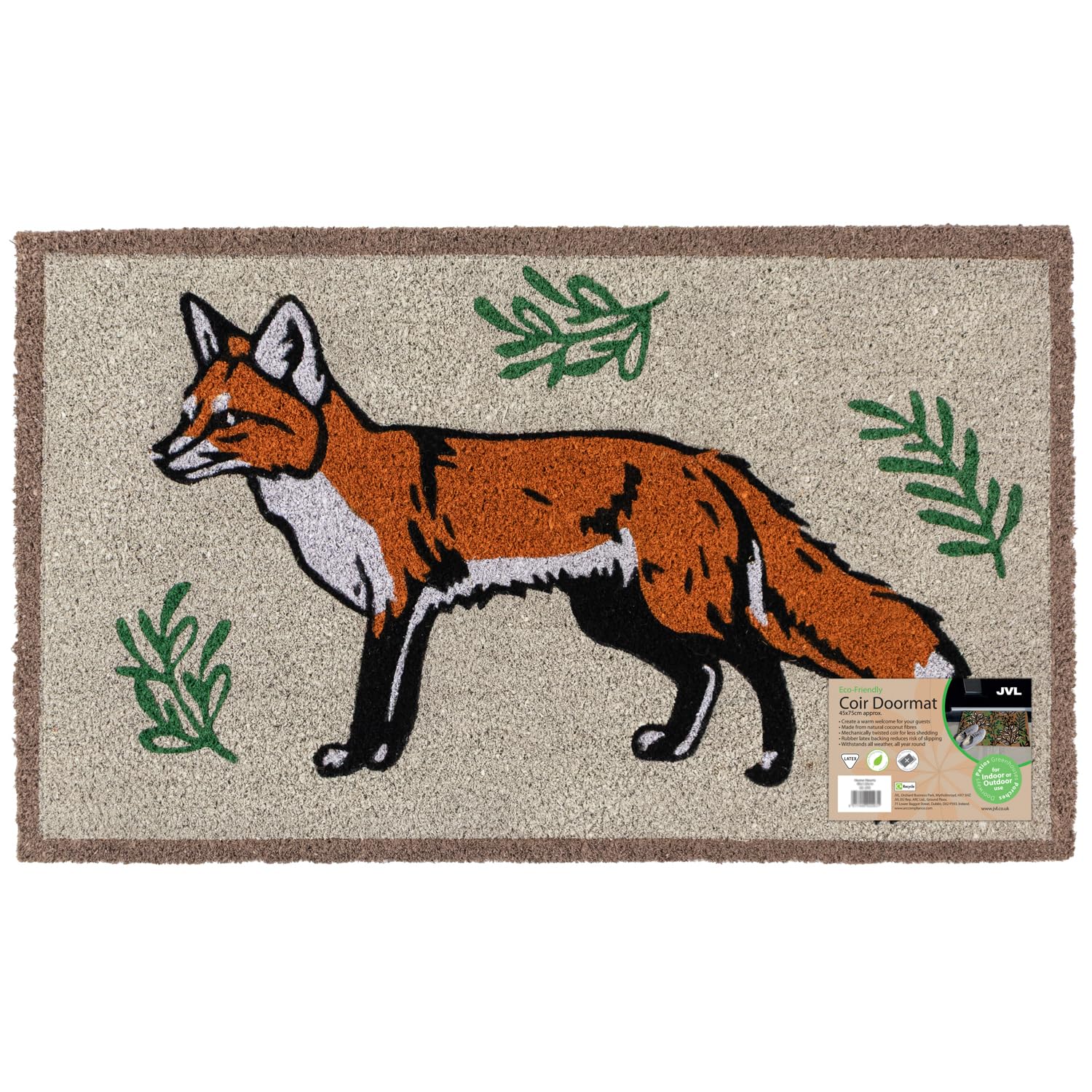 JVL Eco-Friendly Latex Backed Coir Entrance Doormat, 45x75cm - Fox
