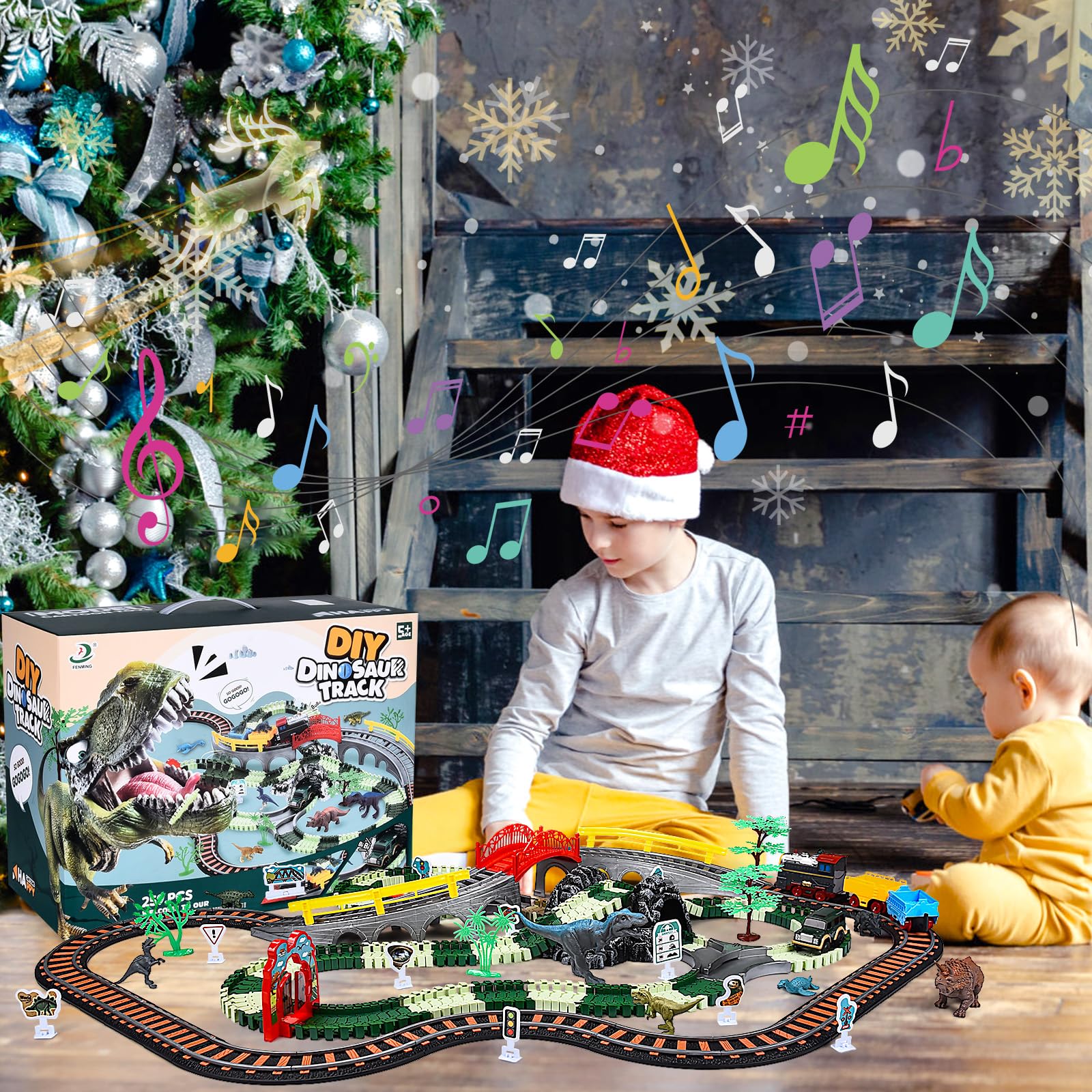 JONRRYIN Pista da Corsa Dinosauro, 259 Pezzi per Bambini, Auto Pista Flessibile Con Blocchi Traccia, Giocattolo Educativo Dinosauro, Regalo di Natale