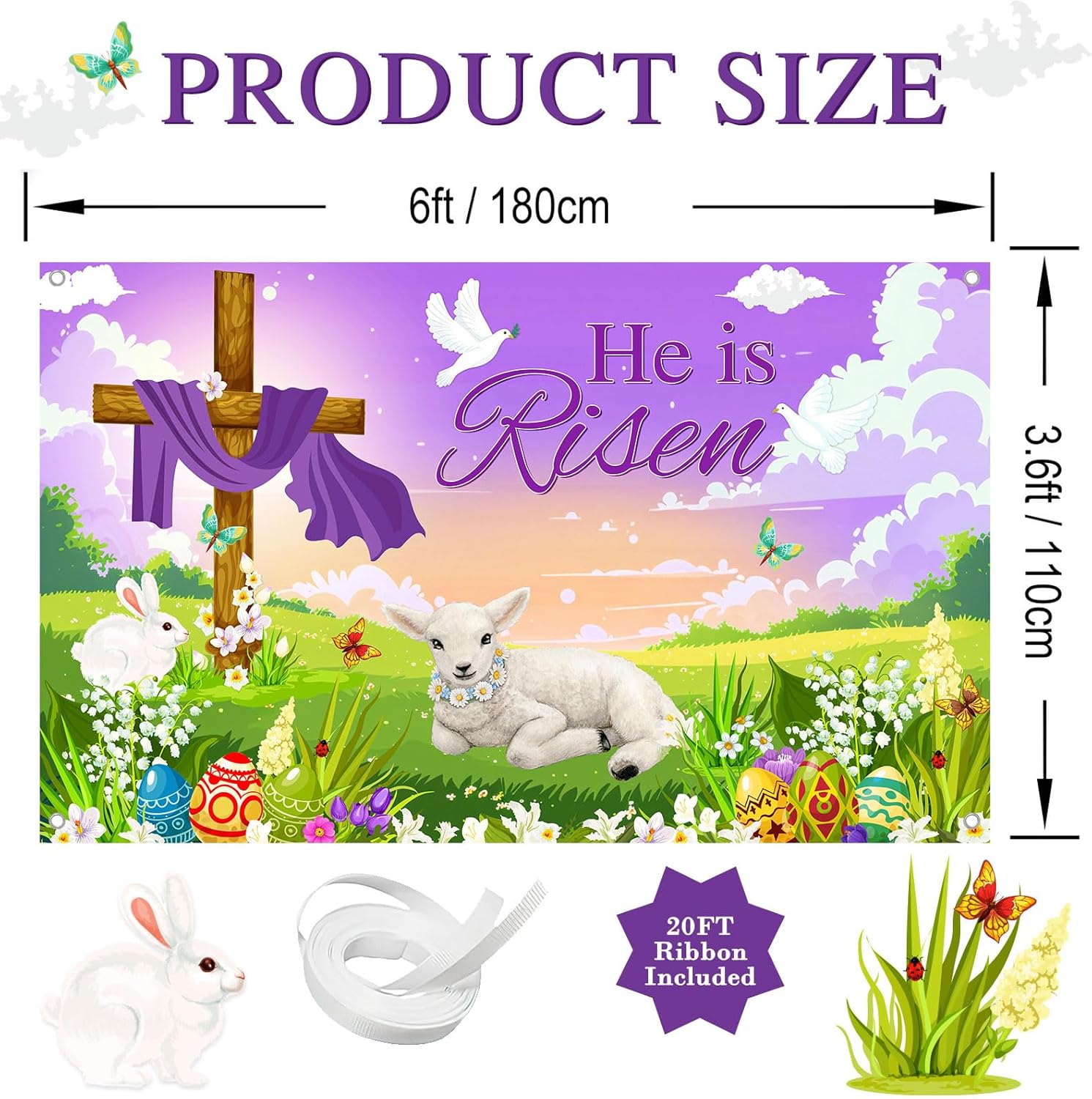 Avezano He Is Risen Banner He is Risen Backdrop Happy Easter Day Decorations Easter Cross Religious Banner for Jesus Spring Party Decor (6x3.6ft)