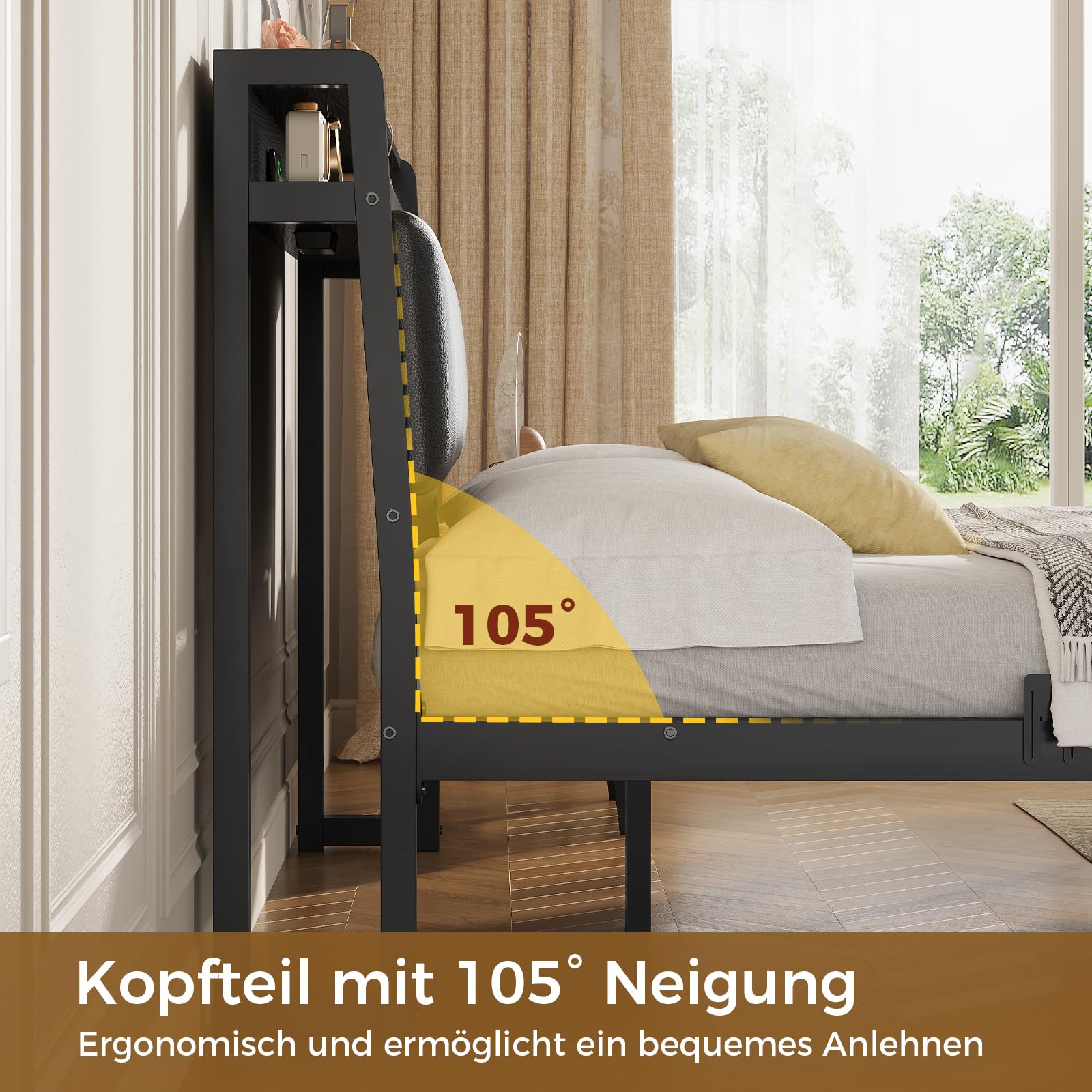 KIMENICH Bett 140 x 200, Bett mit LED-Beleuchtung, Polsterbett 140x200, Ladestation, Bettgestell mit Lattenrost, für Schlafzimmer, Gästezimmer, Schwarz