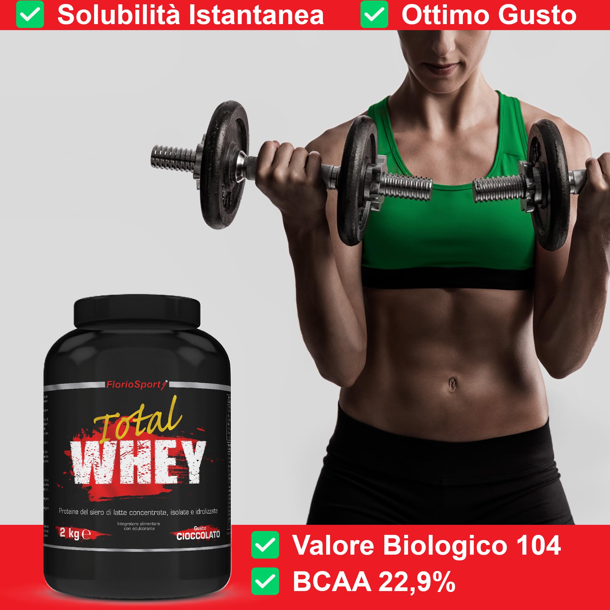 FlorioSport Total Whey Protein 2000g - 100% Purissime Proteine del Siero del Latte Concentrate, Isolate mediante microfiltrazione a flusso incrociato e Idrolizzate. Solubilità Istananea
