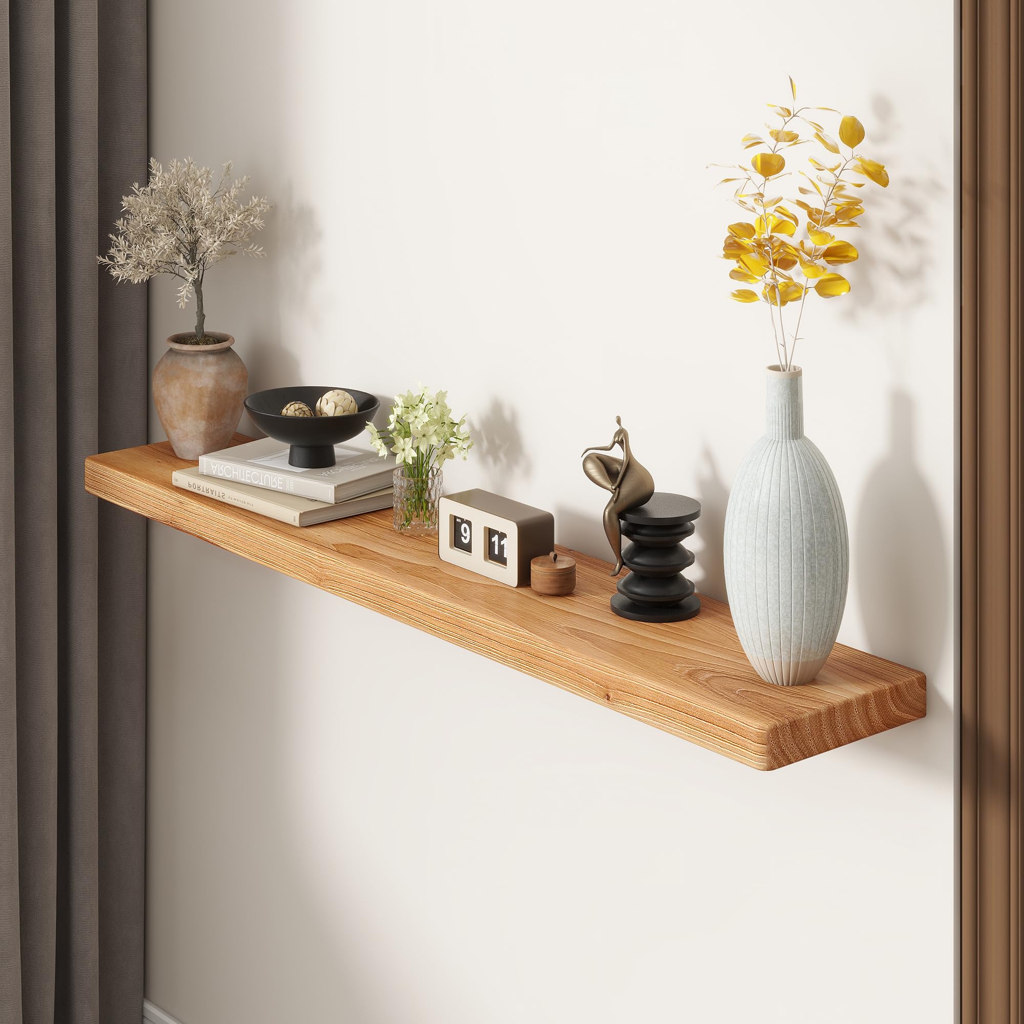 48" Rustic Elm Wood Floating Shelves, 8 Inch Deep Wall Shelves for Home Decor, Wall Mounted Floating Shelf with Invisible Bracket, Heavy-Duty Storage & Display Shelf for Living Room, Kitchen, Set of 1