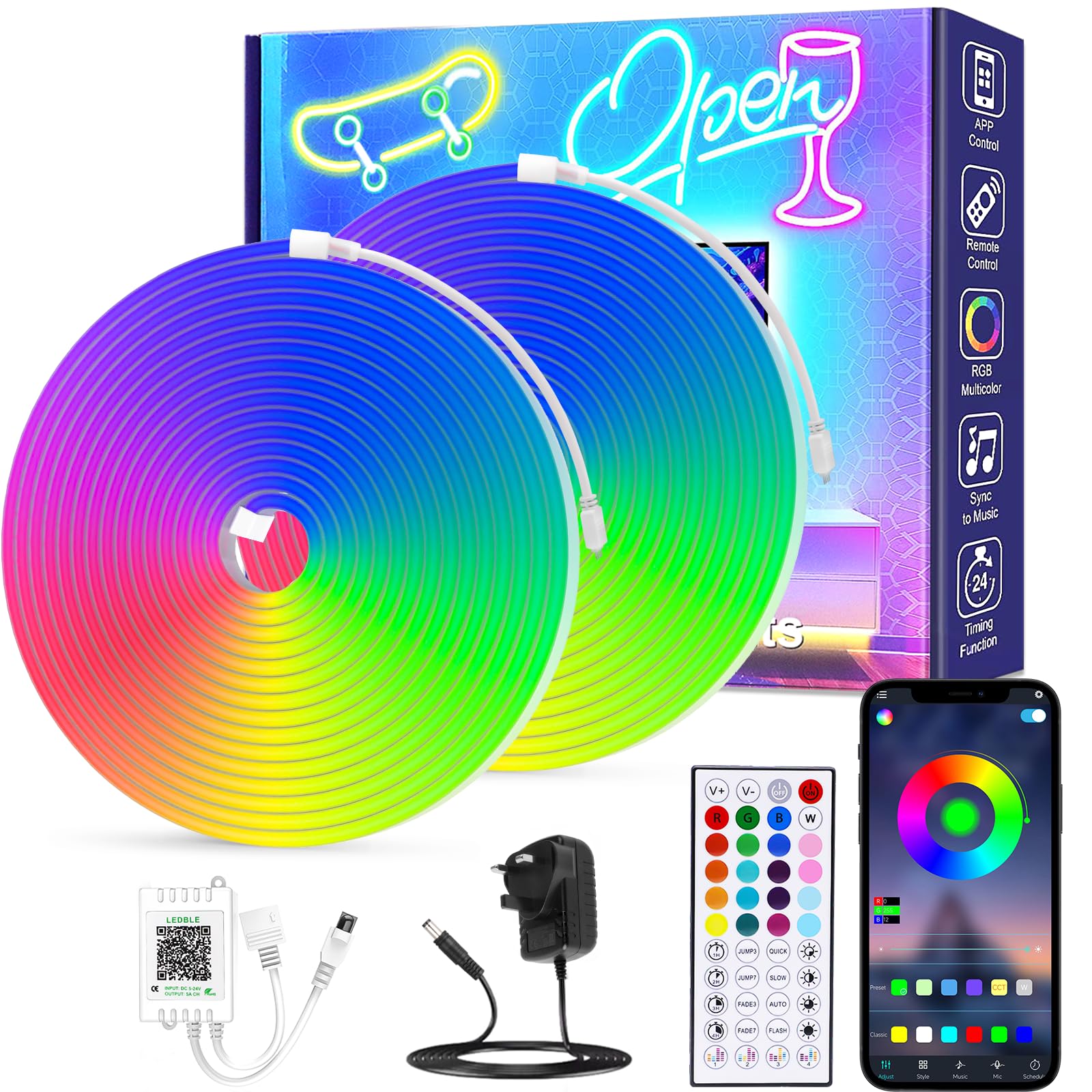 Huryee Multicolor Neon Led Rope Light 32.8Ft Rgb Strip Lights App Control Or Remote Control,Flexible Diy Design,Music Sync Neon Lights,Outdoor Ip65 Waterproof Led Strip Lights For Bedroom,Gaming,Party