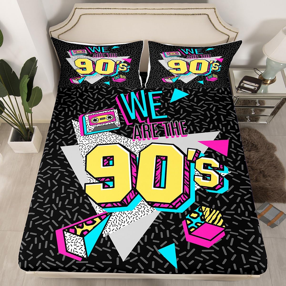 Memphis - Juego de sábanas bajeras, tamaño King, estilo retro de los años 90, con 2 fundas de almohada, juego de ropa de cama de 3 piezas para niños y niños, de poliéster suave