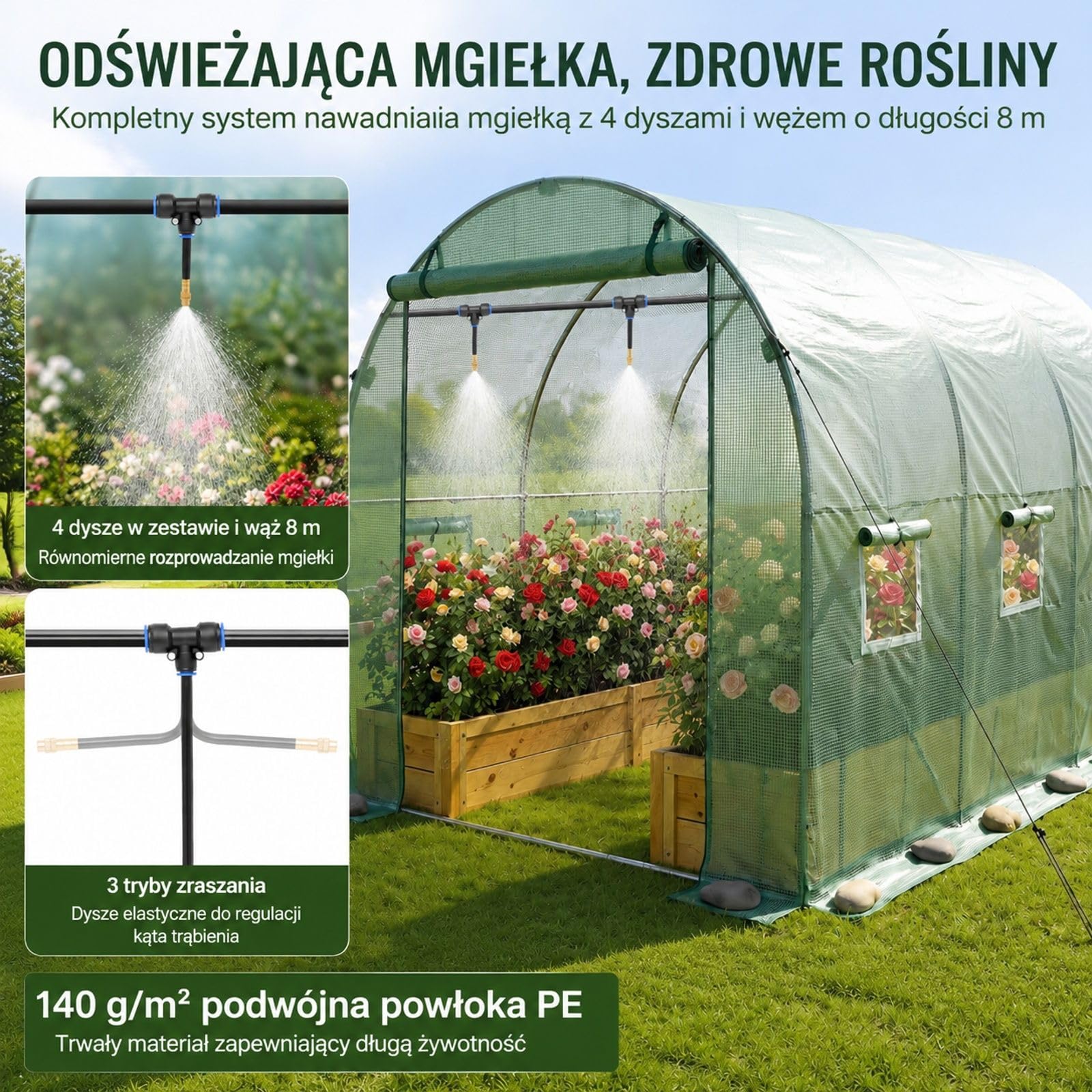 Tunelowa szklarnia wejściowa, ocynkowana stalowa rama, osłona PE, rolowane drzwi na suwak, 6 okien, system nawadniania, 4 mosiężne dysze, 3 tryby, uprawa zewnętrzna