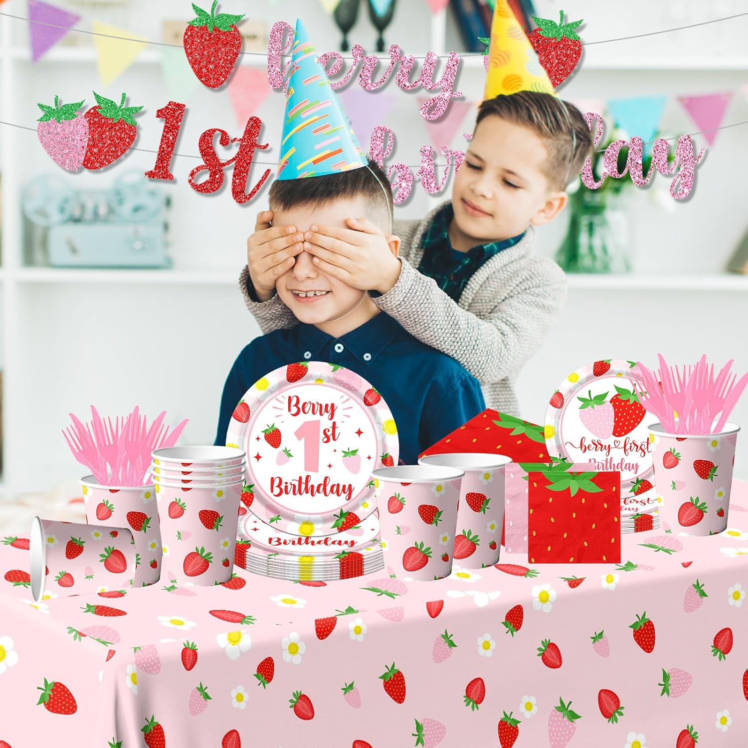 Berry First Birthday Decor Strawberry 1st Birthday Decorations for Girls with Plates, Napkins, Tablecloth, Cups Strawberry Party Decorations, Serve 20 - Image 5