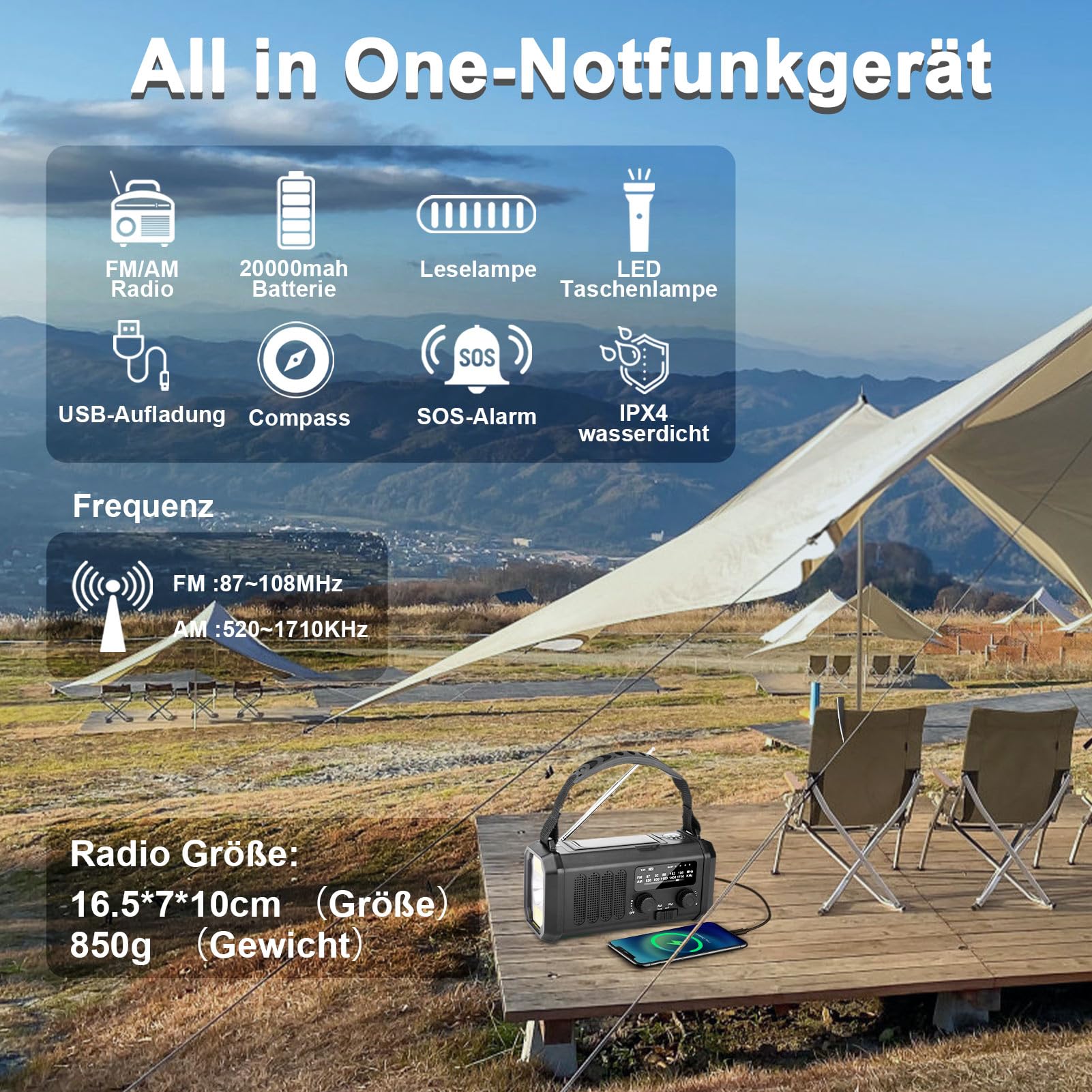 YIKANWEN Radio a ghirlanda con 20000 mAh batteria ricaricabile, radio solare portatile, radio di emergenza con dinamo AM/FM, power bank, lampada da campeggio LED, allarme SOS, bussola (nero)