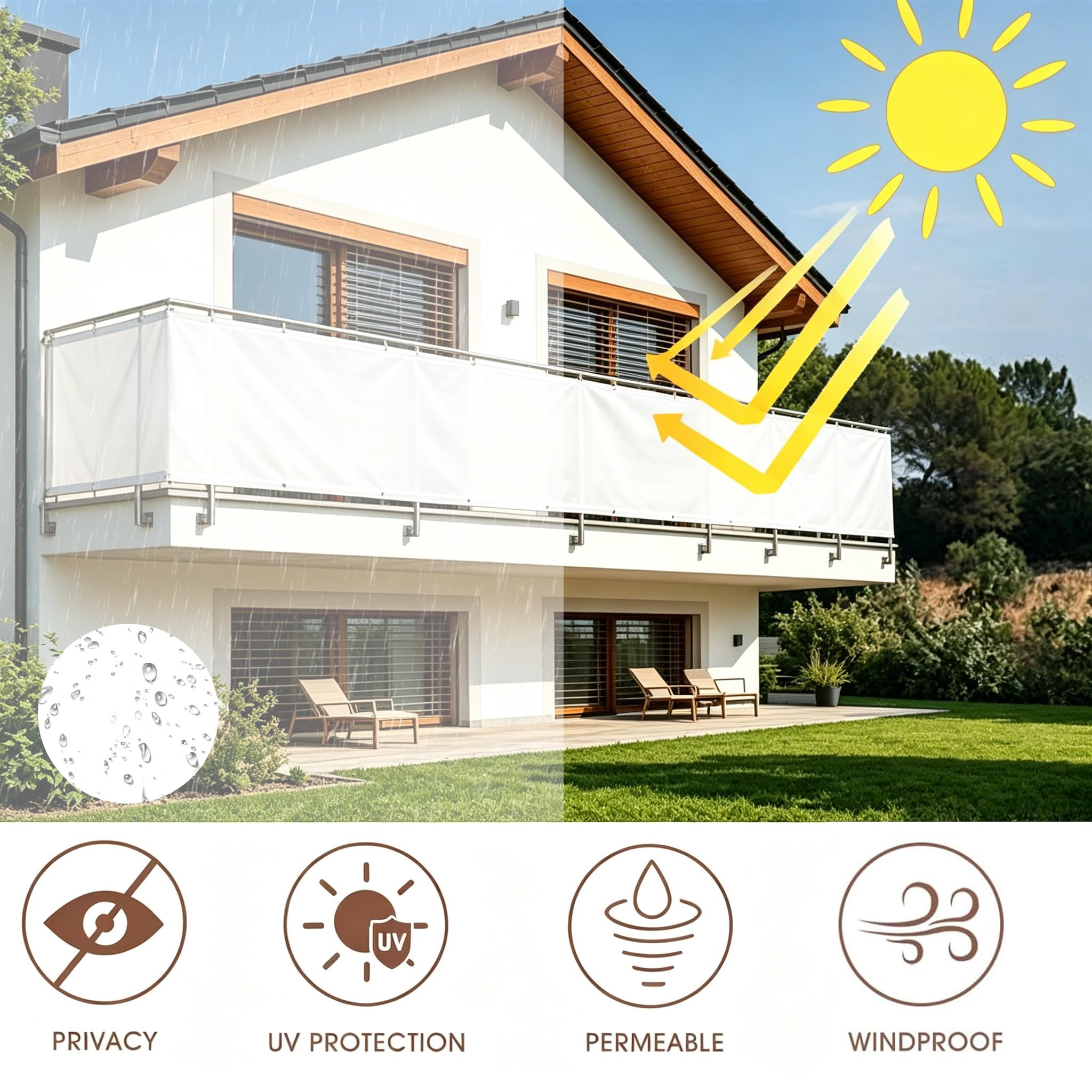 Weiß Balkon Sichtschutz 140x600cm Balkonbespannung Blickdicht, Sichtschutz Garten mit Ösen, PES Uv-Schutz Windschutz Balkonverkleidung für Balkongeländer Terasse Schwimmbad