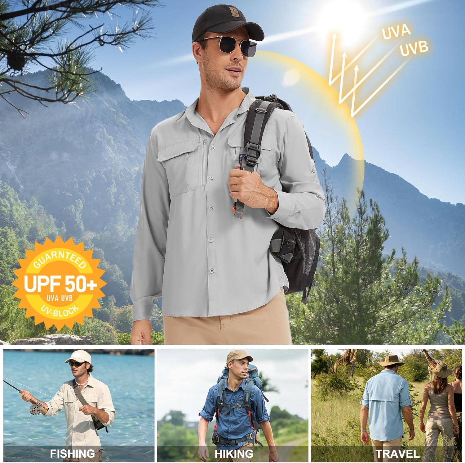 Men's Safari Shirt Long Sleeve Fishing UPF 50 Sun Protection Quick Dry Breathable Shirts for Travel Hiking Camping Work