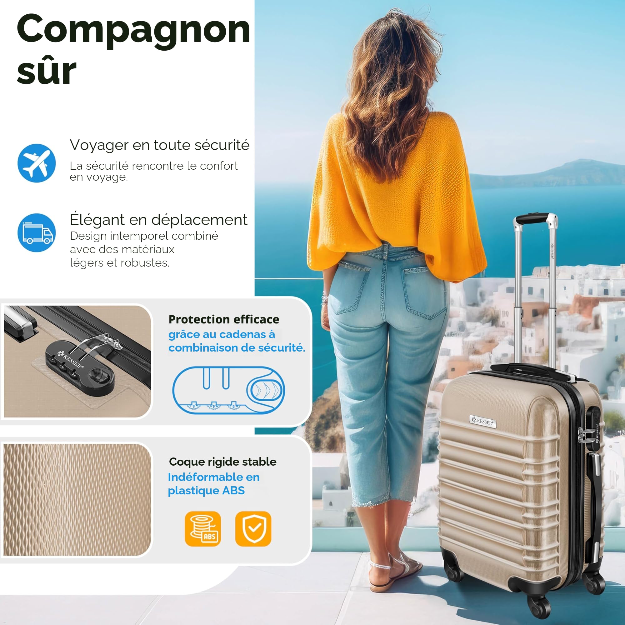 KESSER Valise de voyage rigide ABS 66cm avec pèse-bagage, trolley roulettes, poignée télescopique, champagne