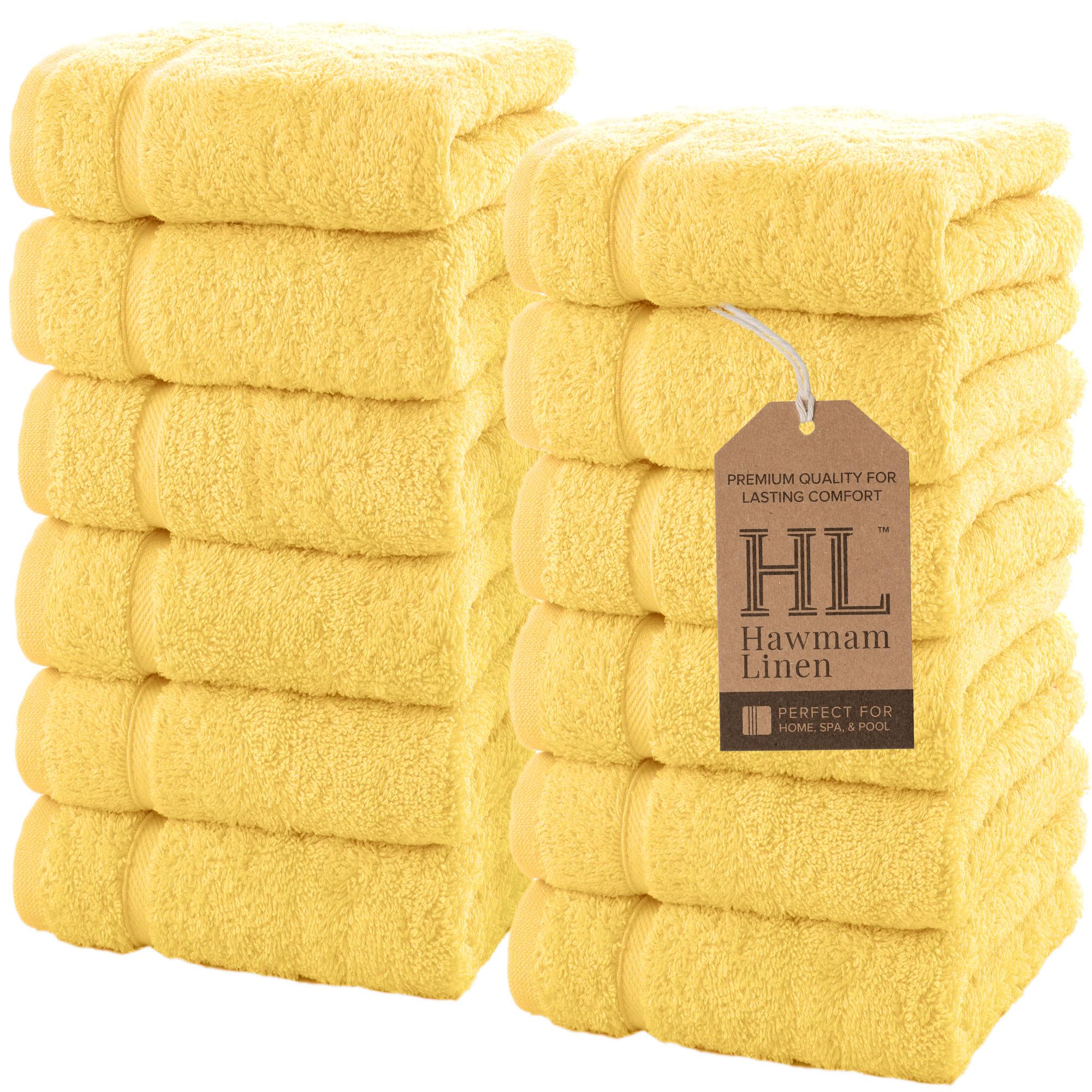 Hawmam Linen Wash Cloths, Turkish Cotton Washcloths, 12 Pack, Yellow