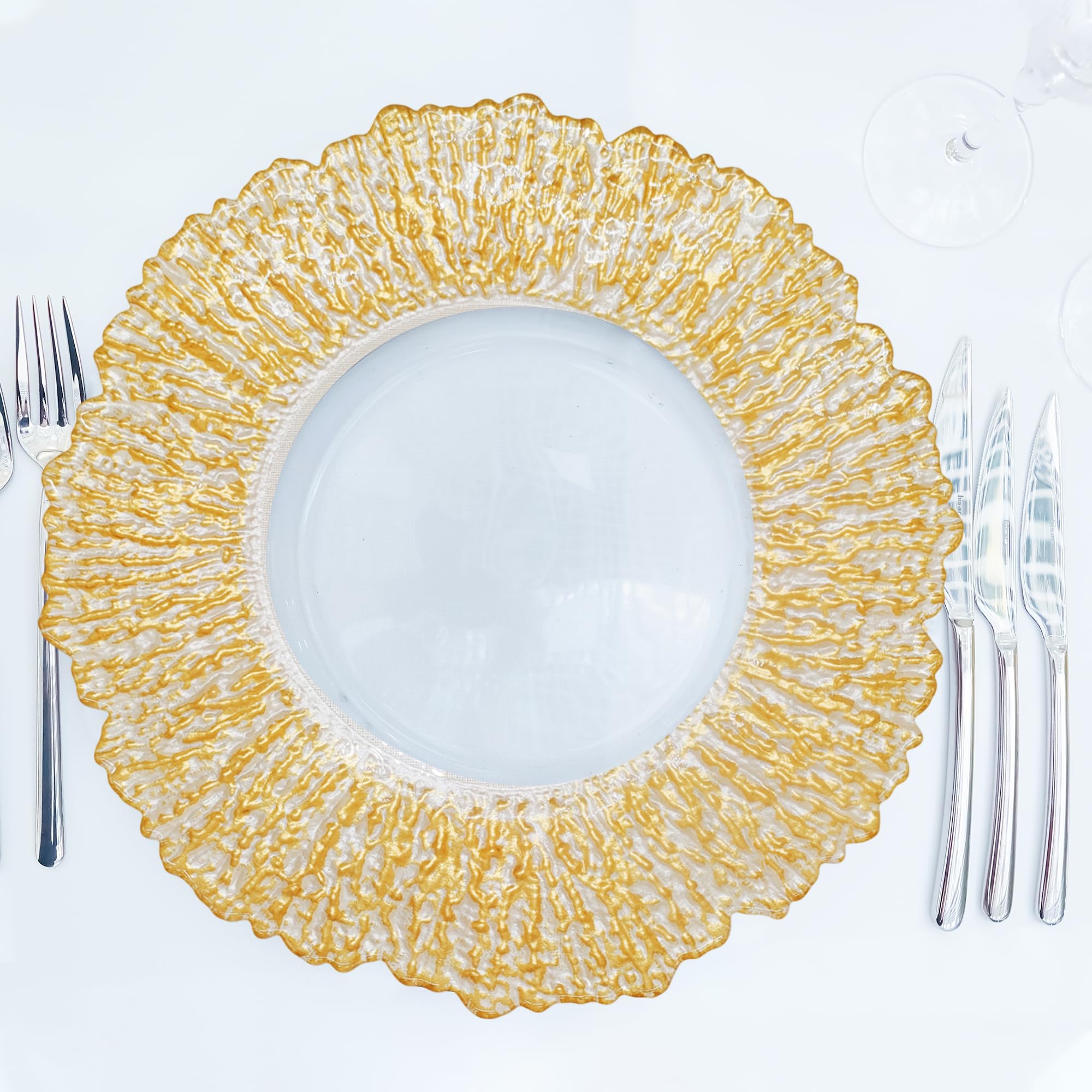 Trimming Shop Dekoracyjne talerze do ładowania na imprezy, złote pękane szklane talerze do dekoracji stołu obiadowego, wesela, urodziny, imprezy, zastawy stołowej, imprezy gastronomiczne, 33 cm, 12 szt