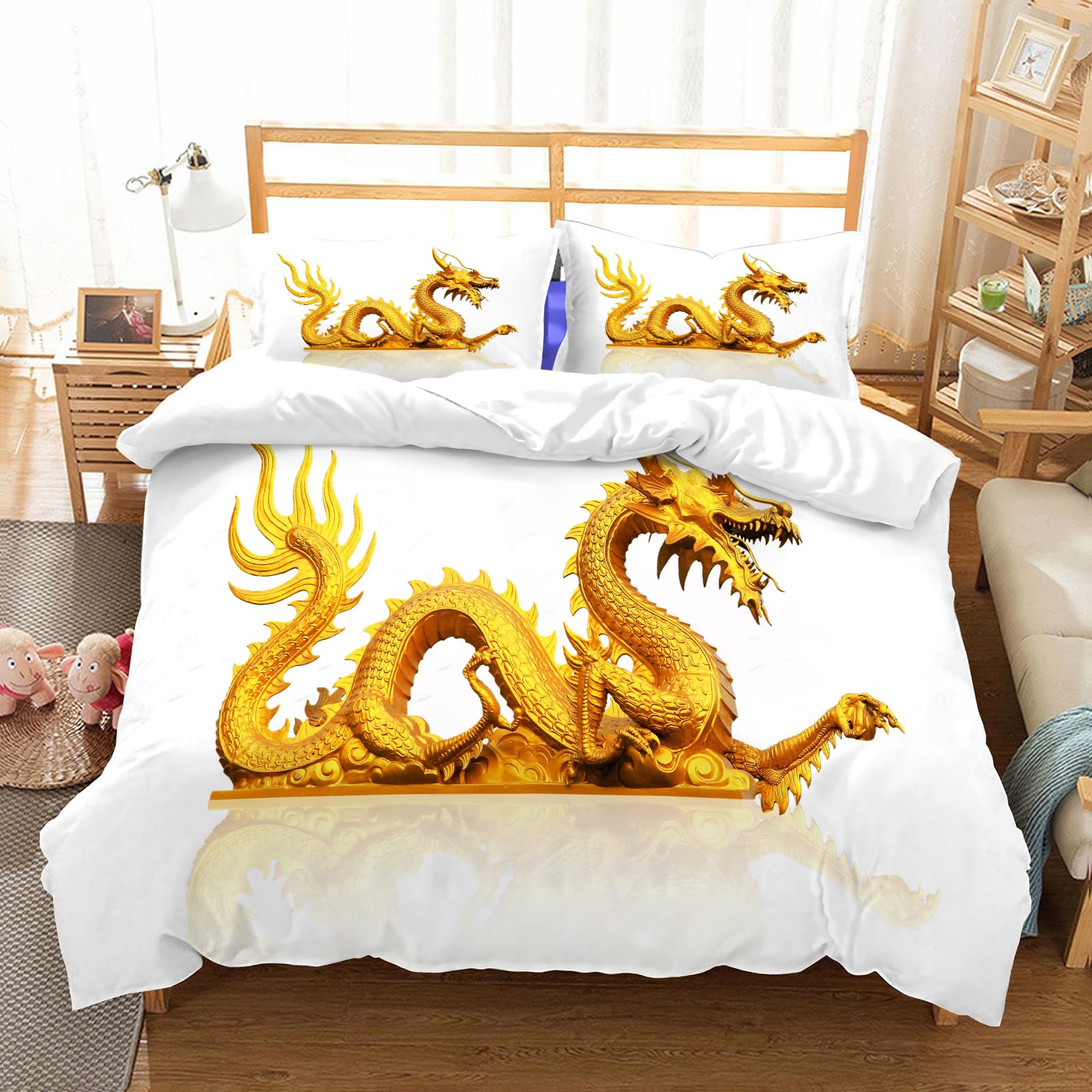 Housse de couette dragon doré 178x208 en microfibres de haute qualité et ses taies