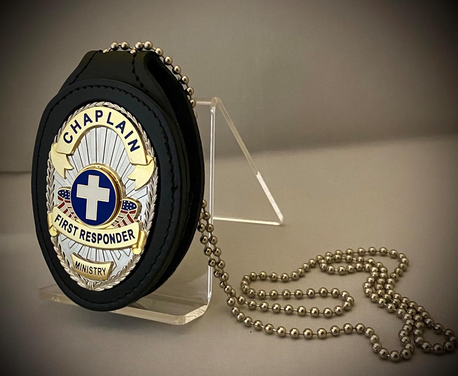Chaplain First Responder Badge with Cross and Black Leather Belt Clip Holder
