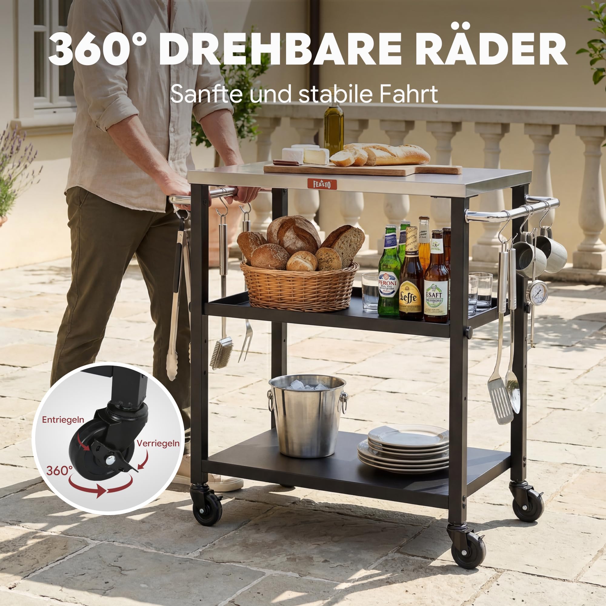 Grillwagen Outdoor Grilltisch Outdoor wetterfest Pizzatisch Servierwagen | 87,5x41x84cm mobile outdoor-Küche mit Edelstahlplatte, höhenverstellbarer Mittelregal, für Terrasse, Küche