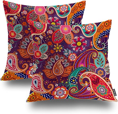 Shrahala Juego de 2 fundas de almohada decorativas rojas coloridas de la serie étnica india, funda de cojín floral de cachemira para sofá,