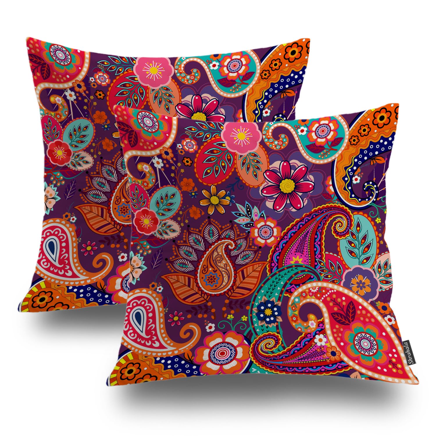 Shrahala Red Paisley Indian Decorative Pillow Covers, Chinese Colorful Flowers Pattern Floral Ethnic Indian Asian Cushion Case Sofa Bedroom Throw