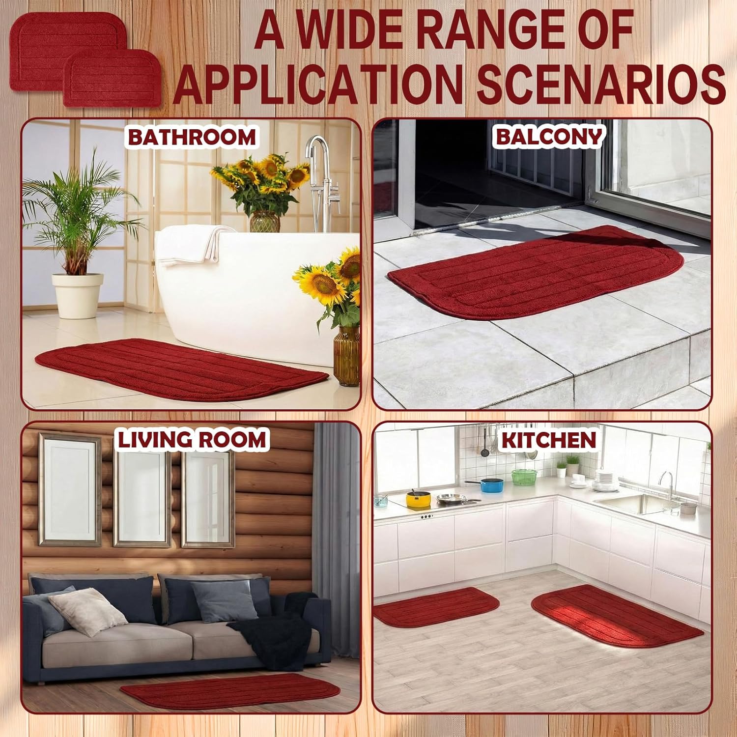 Tinideya 2 Pcs Red Anti Fatigue Kitchen Rug Mats 36'' x 24'' and 18'' x 30'' Half Round Rug Cushion Anti Slip, Water Absorption and Machine Washable for Outdoor, Foyer, Terrace, Bedroom