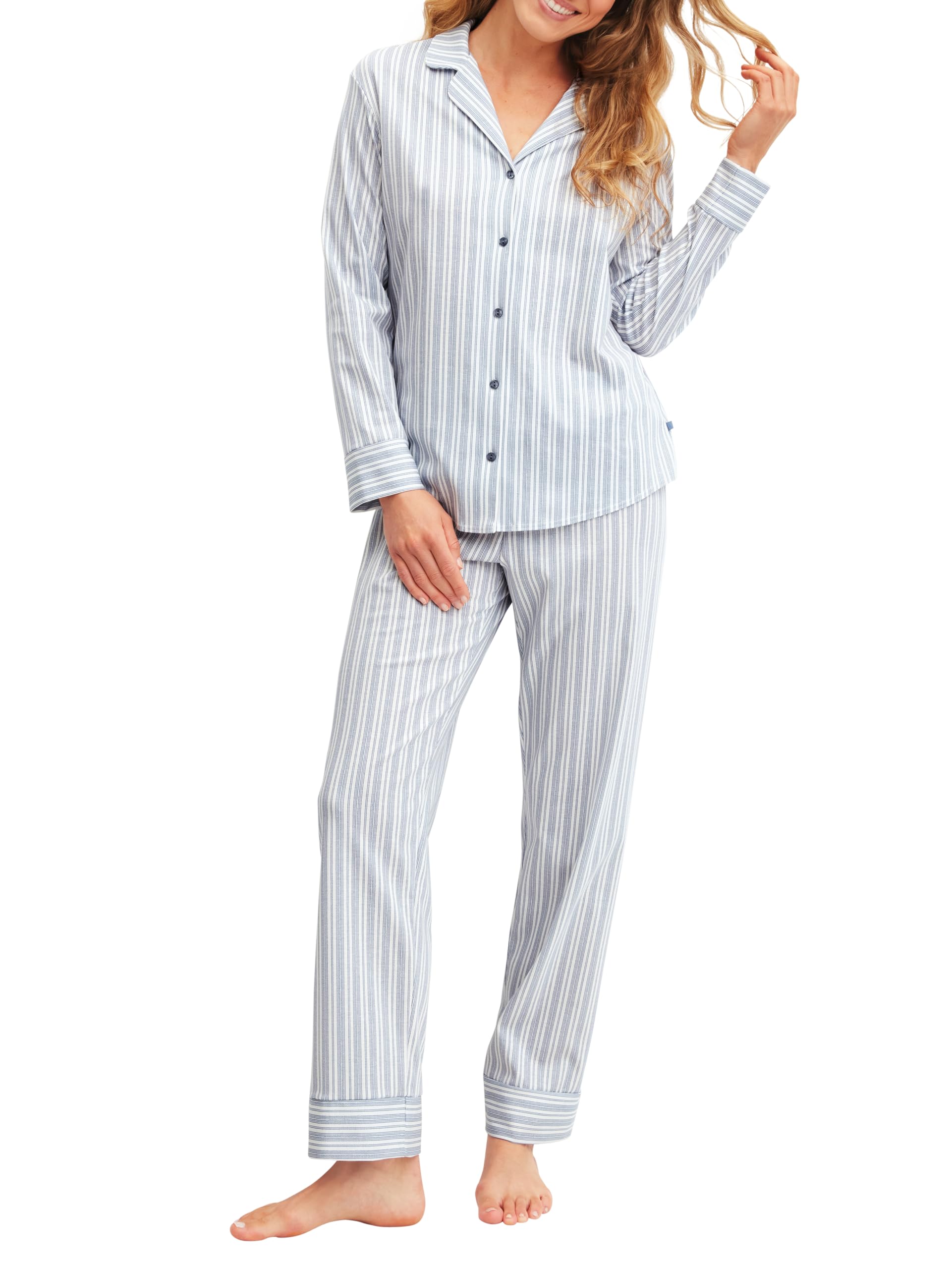 CALIDA Striped Dreams Pyjama Damen | Schlafanzug mit Knöpfen, 100% Baumwolle, wärmend, hautfreundlich, atmungsaktiv