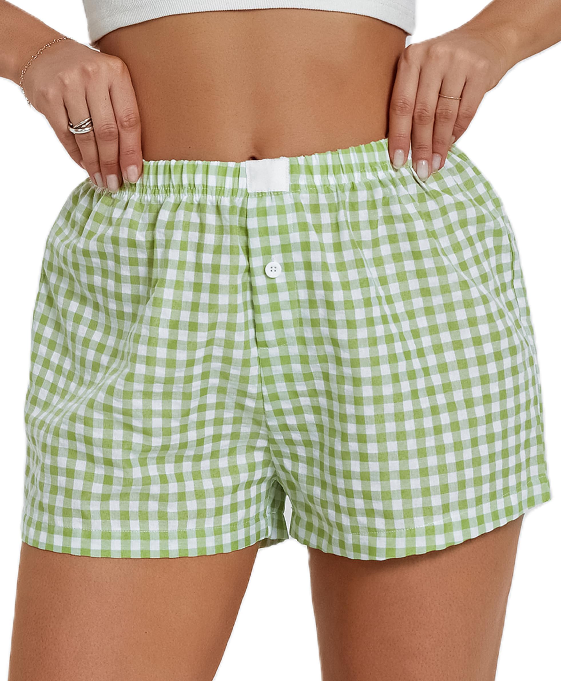 BUNSLOOM Damen Leinen Plaid Shorts Gummiband Hotpants Sommer Weite Kurze Hosen Karierte Lounge Schlafshorts Y2K Strandhosen