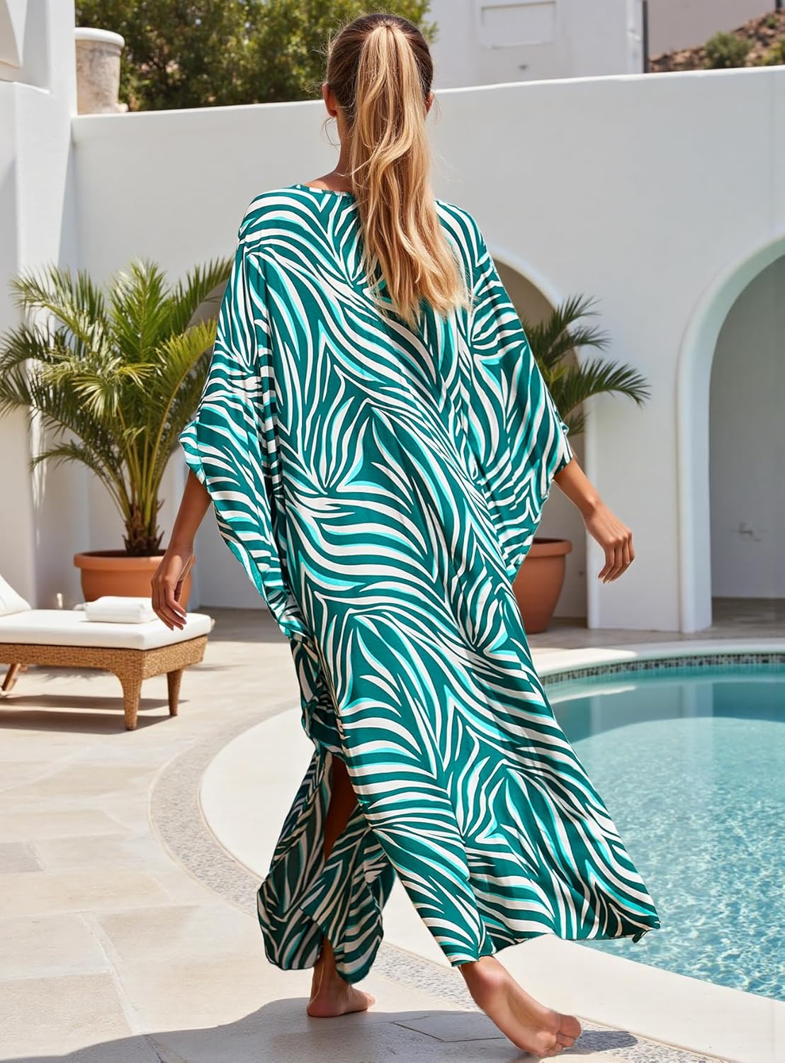 Women's Plus Size Kaftan Dress - Batwing Sleeve Long Beach Cover Up Maxi Dress Swimsuit Cover Loungewear - Image 6