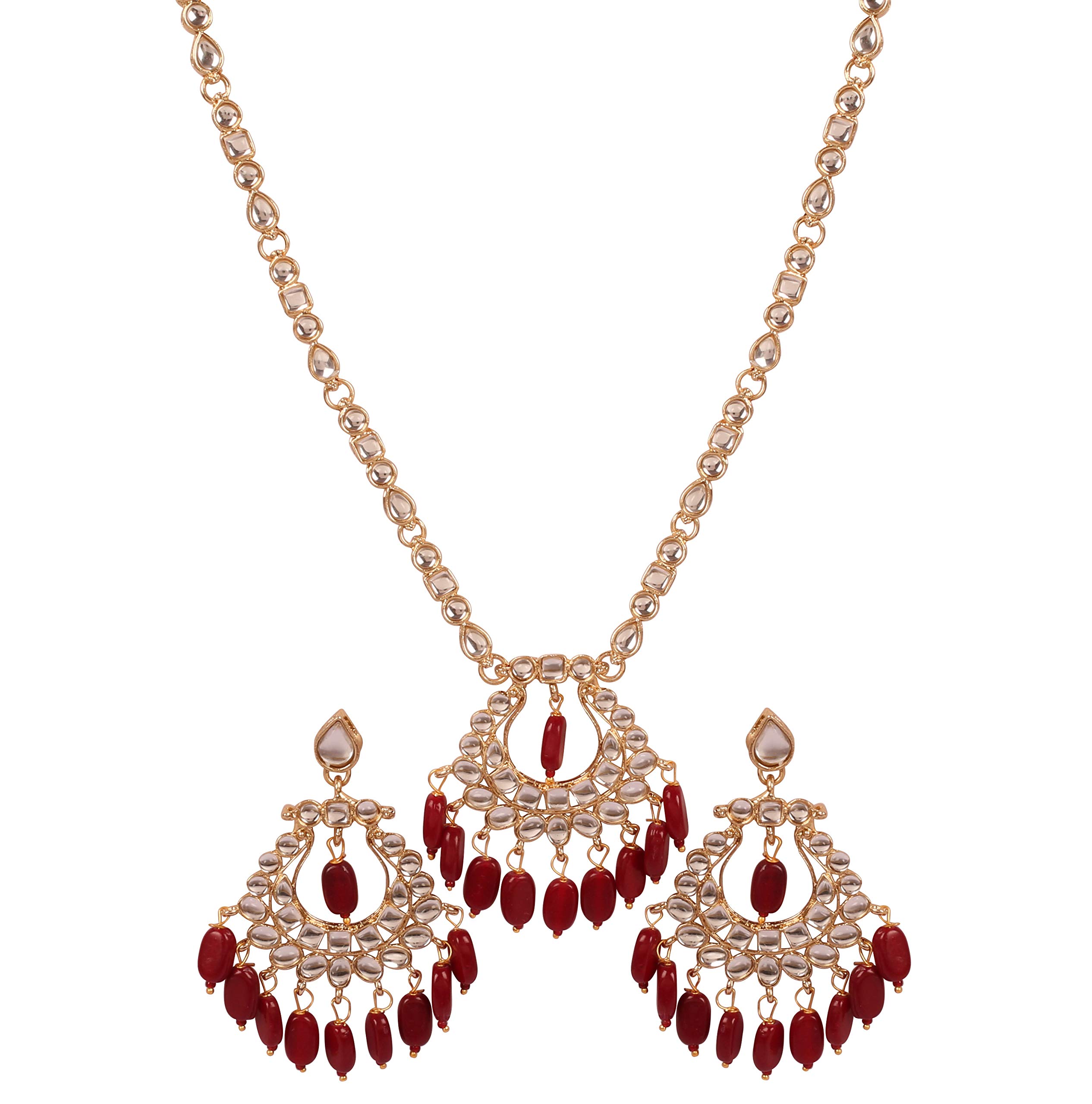 NEW! "Contemporary Kundan Collection" Indian Bollywood Mughal Era Inspired Kundan Polki Look Faux Red Onyx Hangings Slimline Designer Jewelry Necklace Set In Antique Gold Tone For Women.