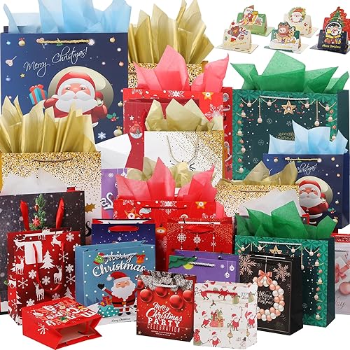 Abbylike 36 juegos de bolsas de regalo de papel de Navidad con asa, tamaños surtidos con etiquetas de regalo y papel de seda, bolsa de regalo gruesa