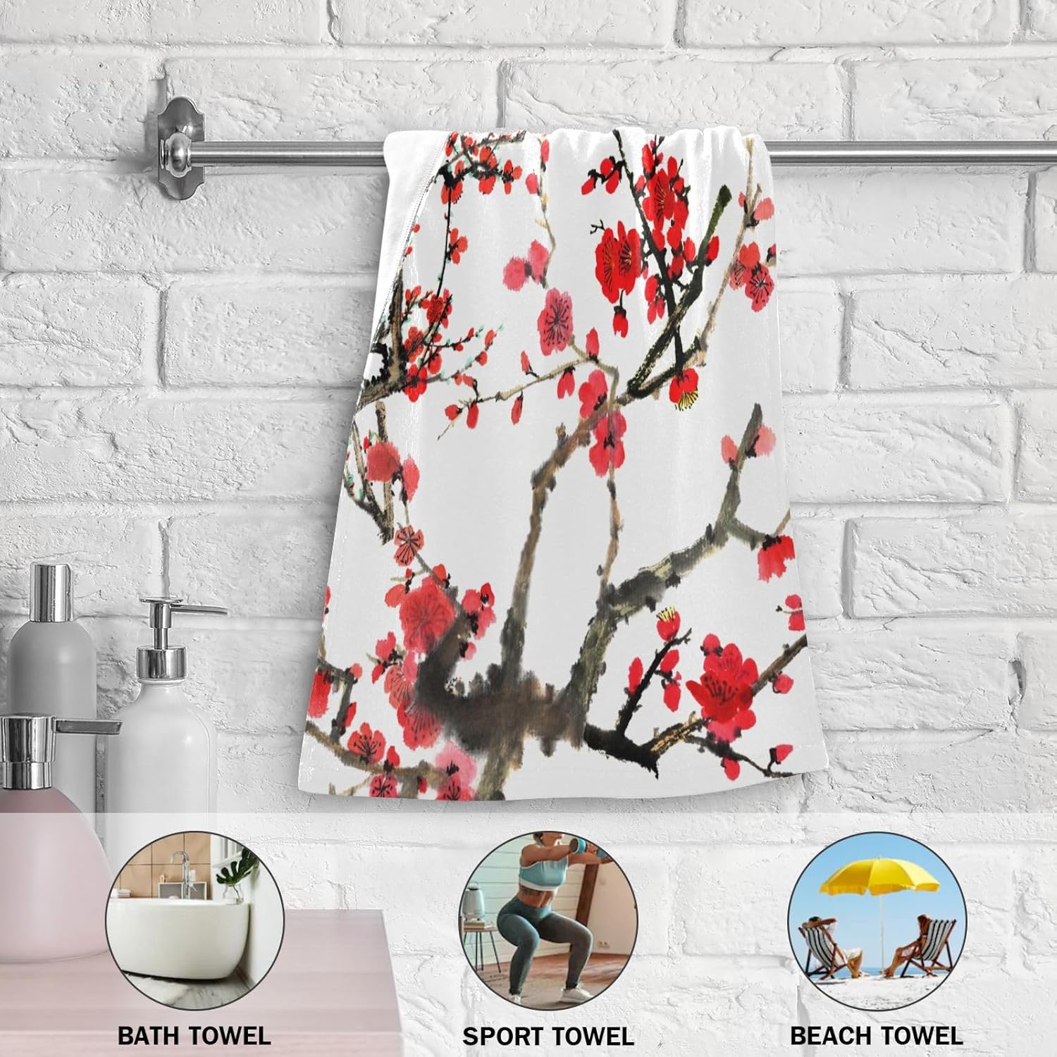 2 Pack Red Cherry Blossom Hand Towels Soft Absorbent Spring Asian Japanese Blooming Plum Flower Style Bathroom Decor 14"x28" Guest Face Bath Towels,Decorative Towels for Bathroom,Kitchen - Image 5