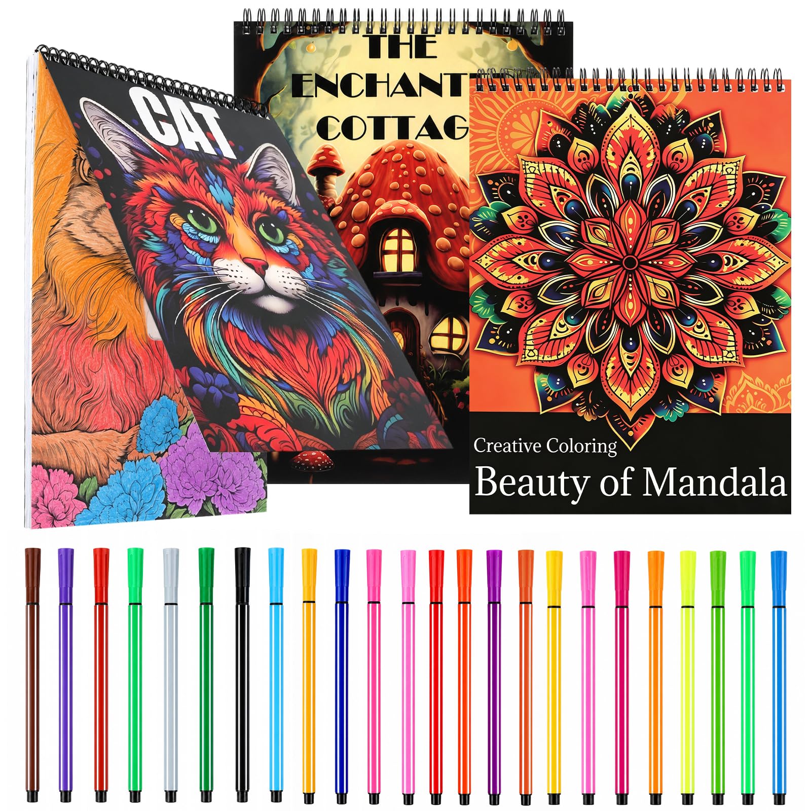3 Pack Adult Colouring Books Set, 96 Pages Mandala & Animal & Fantasy House, Spiral Bound for Relaxation Stress Relief, with 24 Colouring Pens for Adults Women Men