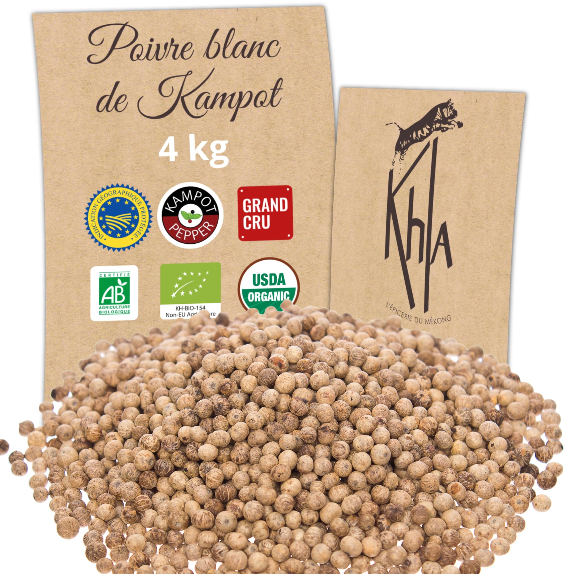 Khla - Poivre Blanc de Kampot Bio - Sachet Vrac Poivre en Grains 500g - Recharge Moulin - Grand Cru, Fort & Puissant - Ingrédient Cuisine - Direct Producteur - Épice Asie - Origine Cambodge