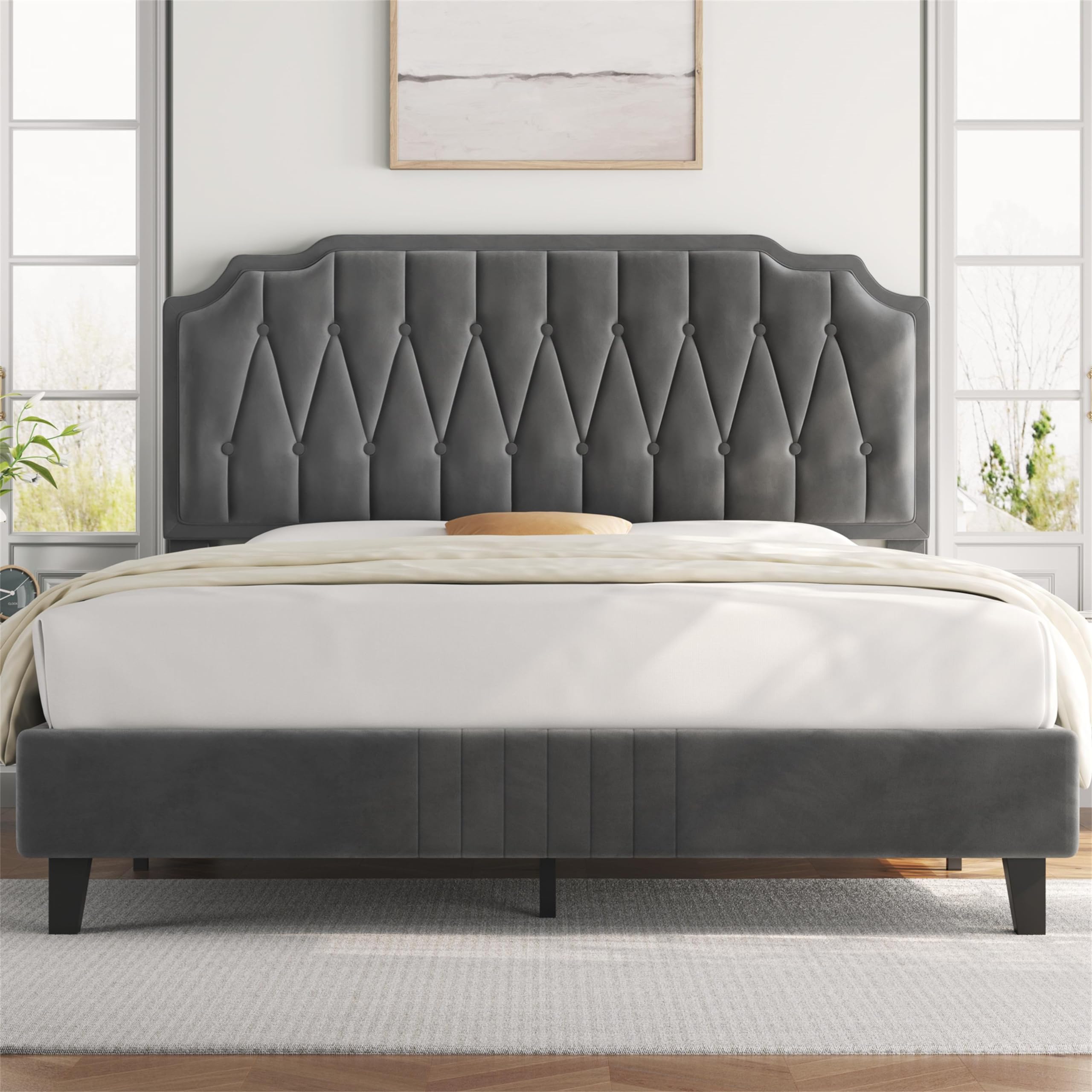 Yaheetech 5ft King Bed Frame Upholstered Platform Bed with Adjustable Button Tufted Headboard/Velvet Fabric/Sturdy Wooden Slat Support/No Box Spring Needed, Dark Grey King Bed — image 1