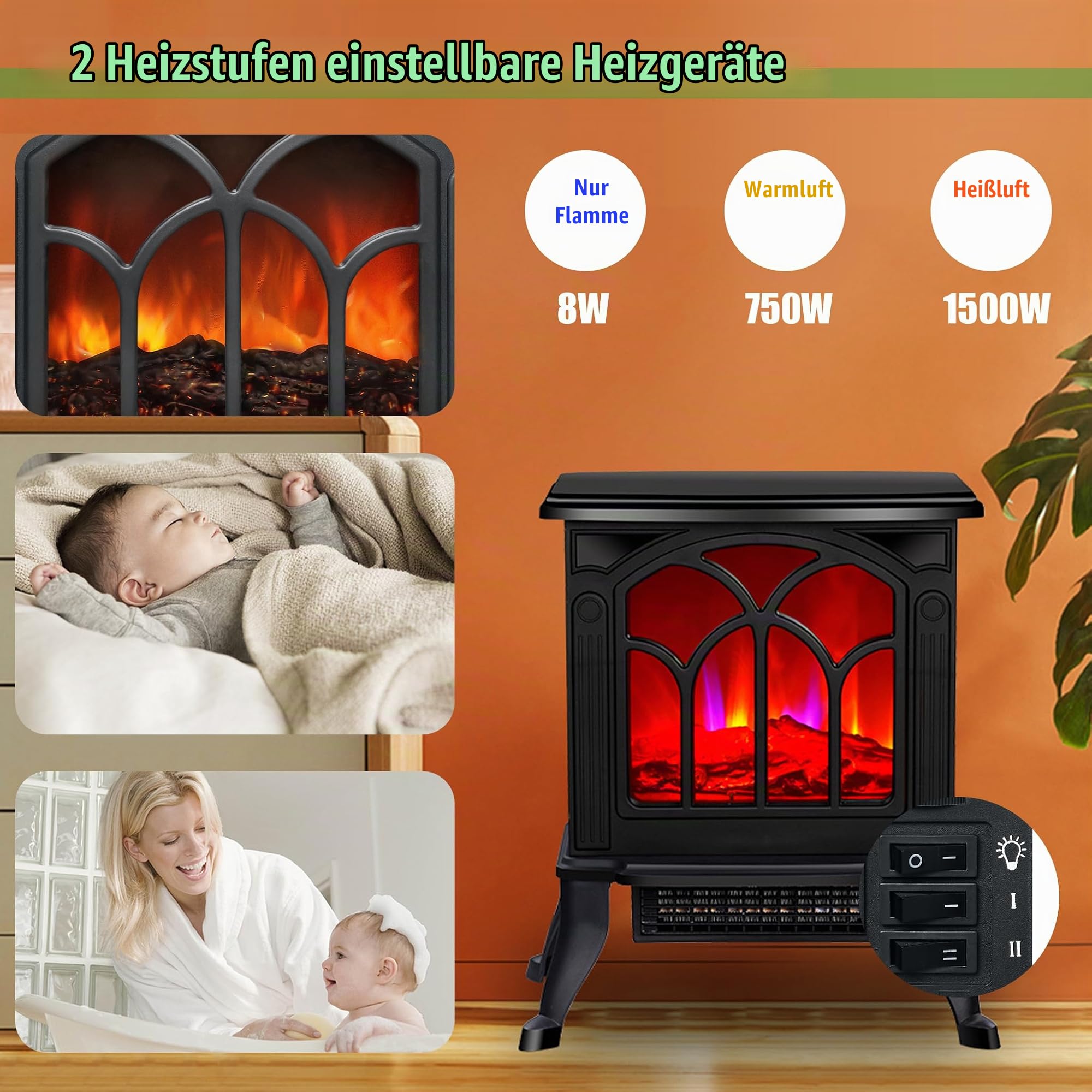 Elektrokamin mit LED Flammeneffekt Kaminfeuer Freistehend Elektrische Kamine 2 Heizstufen Einstellbare Kaminofen 750W/1500W Elektro Heizungen Geräuscharm Dekokamin für Wohnzimmer & Innenräume