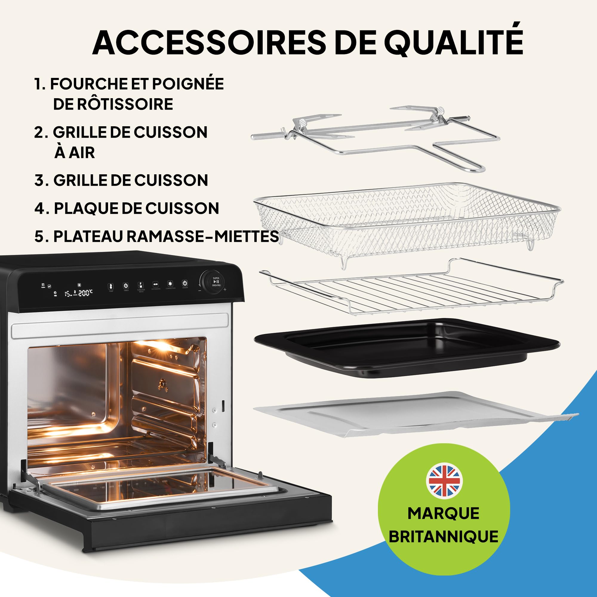Fridja F77 Super Oven Pro 30L – Four friteuse à air numérique LED premium avec 18 programmes intelligents, fonction rôtissoire, rapide, puissant, polyvalent, intérieur inox, facile à nettoyer.