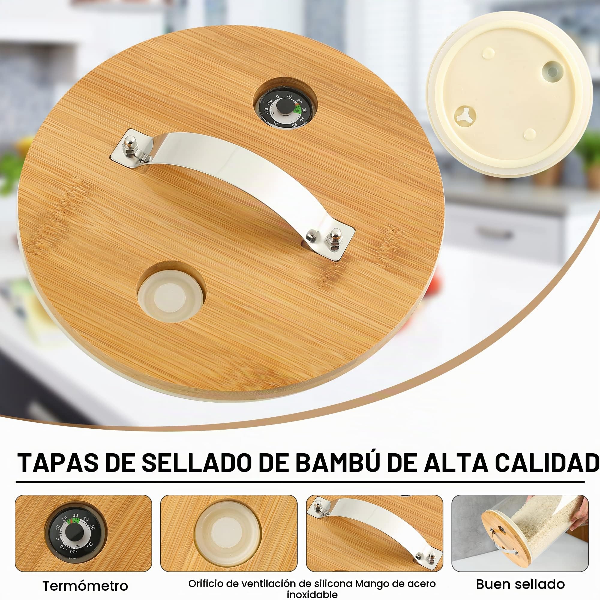 Dispensador de arroz, contenedor de almacenamiento de arroz: contenedor de harina y cereales con tapa hermética y soporte de madera, recipiente de almacenamiento de alimentos de vidrio para