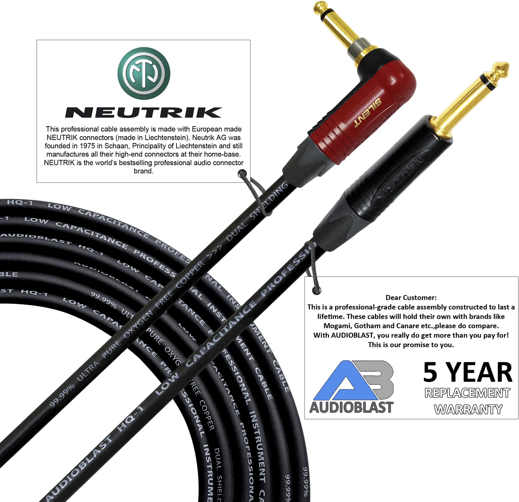 25 Foot - Audioblast HQ-1 - Ultra Flexible - Dual Shielded (100%) – Guitar Bass Instrument Cable w/Neutrik NP2RX-AU-SILENT & Neutrik NP2X-B ¼ Inch (6.35mm) TS Plugs