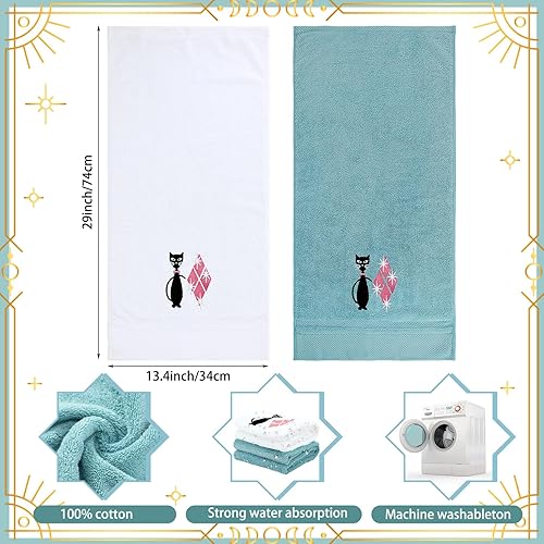 Miniatura 2 de Macarrie 2 toallas de cocina modernas de mediados de siglo con diseño de gato negro retro, toallas de algodón bordadas absorbentes para cocina,