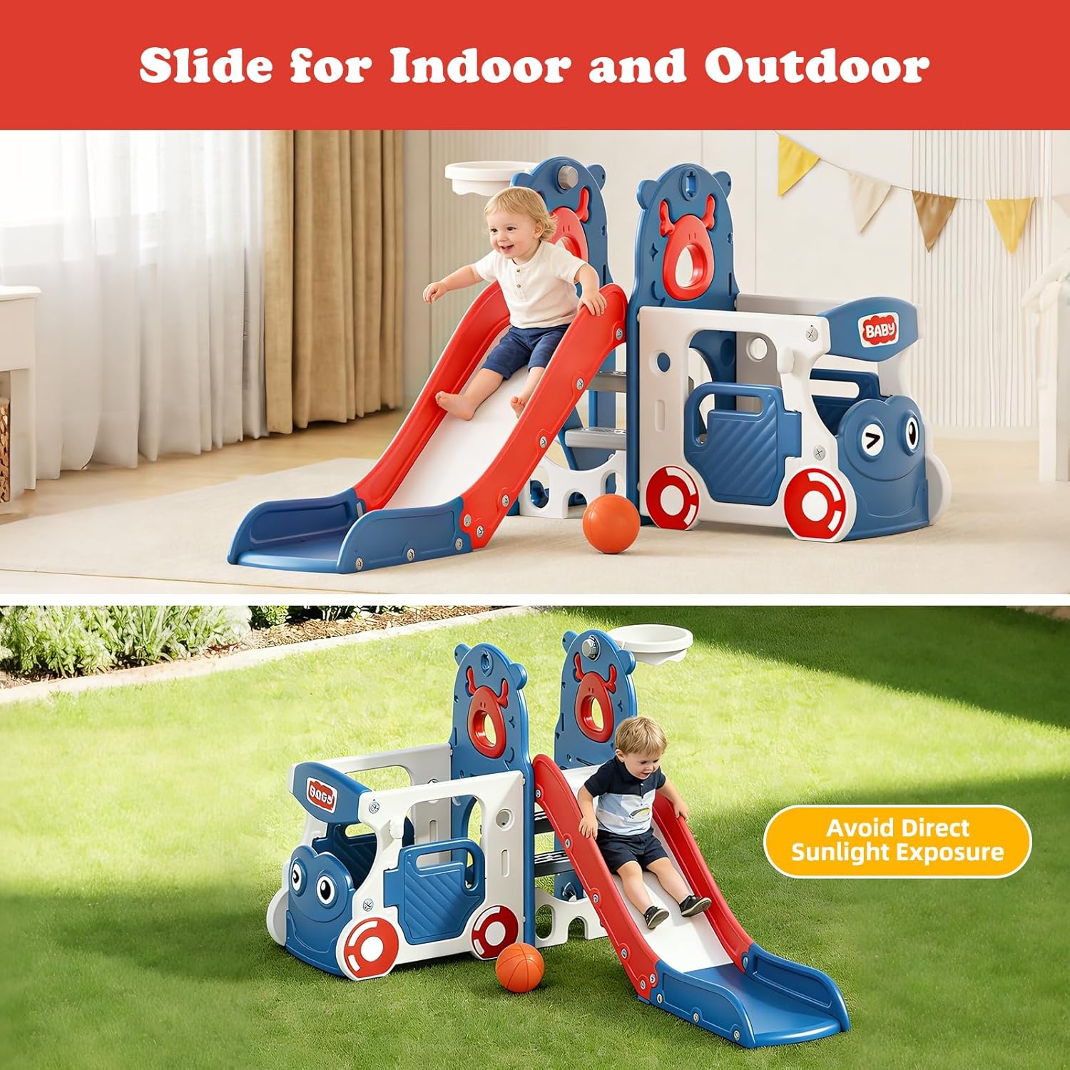 XJD 5 in 1 Toddler Slide, Kids Slide for Toddlers Age 1-3, Outdoor Indoor Playset for Toddlers with Basketball Hoop and Ball (Blue Red, Slide)