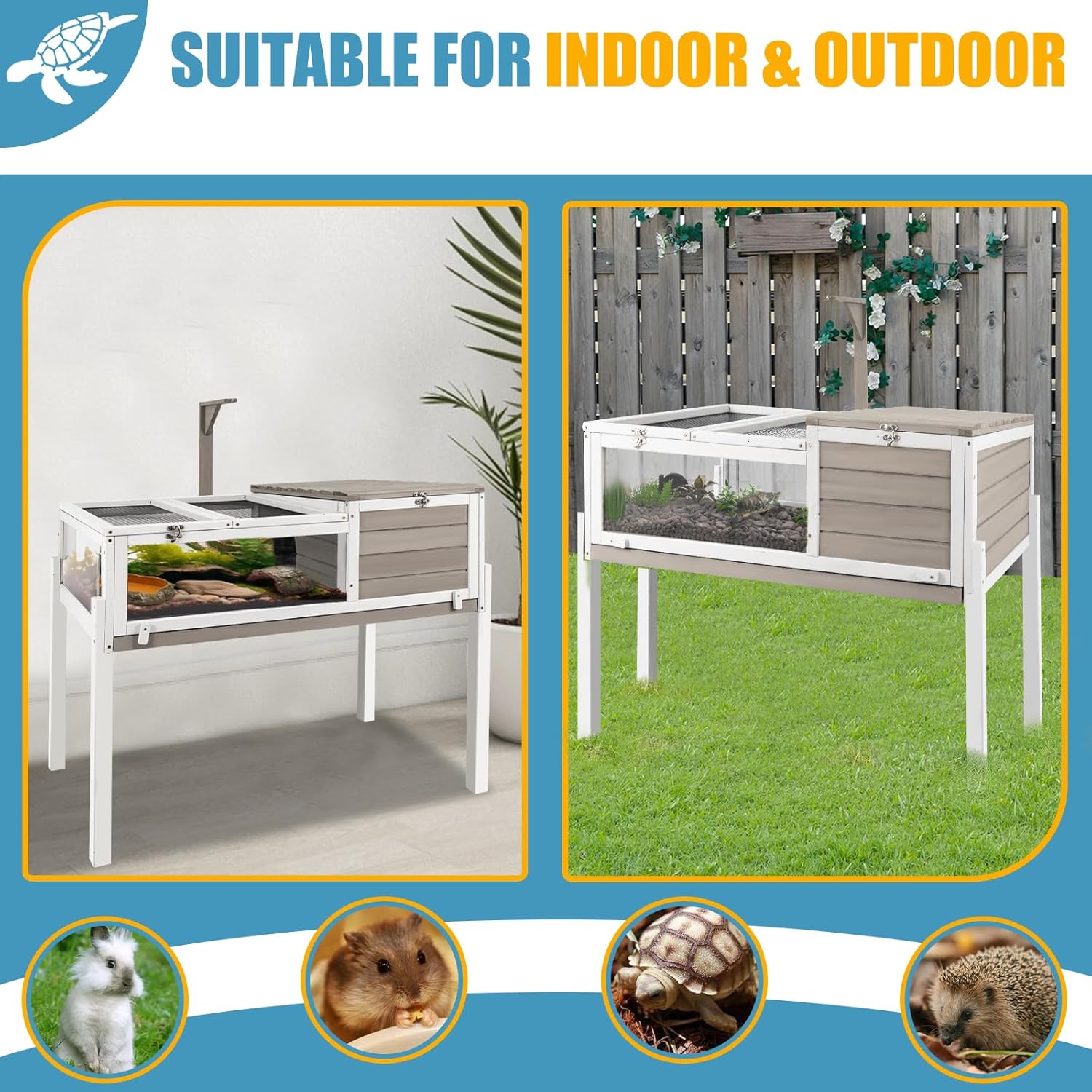 Tortoise Habitat Large Tortoise Enclosure House with Detachable Legs Indoor & Outdoor, Reptile Cage for Small Animals-Leakproof Tray