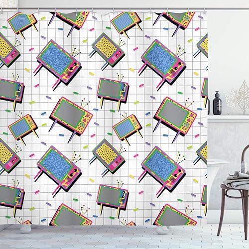 Ambesonne Cortina de ducha vintage, divertido televisor retro de los años 80 Memphis de color neón con fondo, estilo de dibujos animados, diseño