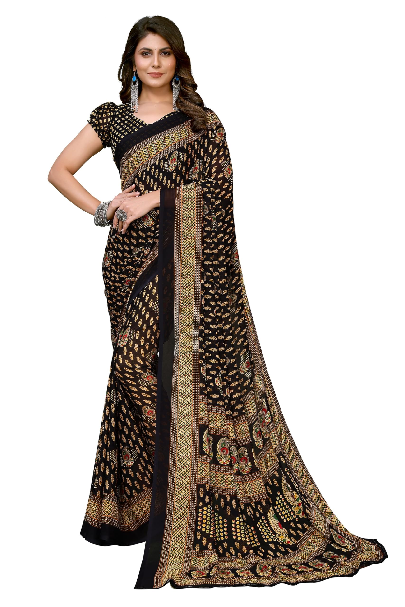 Yashika Women's Trendy Printed Georgette Purple Color Saree with Blouse Material